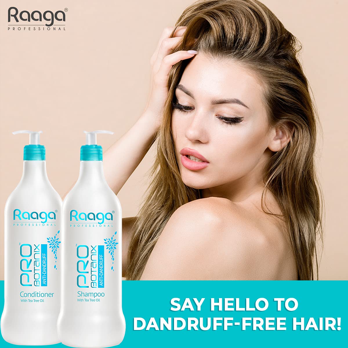 Woman with styled hair next to Raaga shampoo and conditioner bottles on a beige background