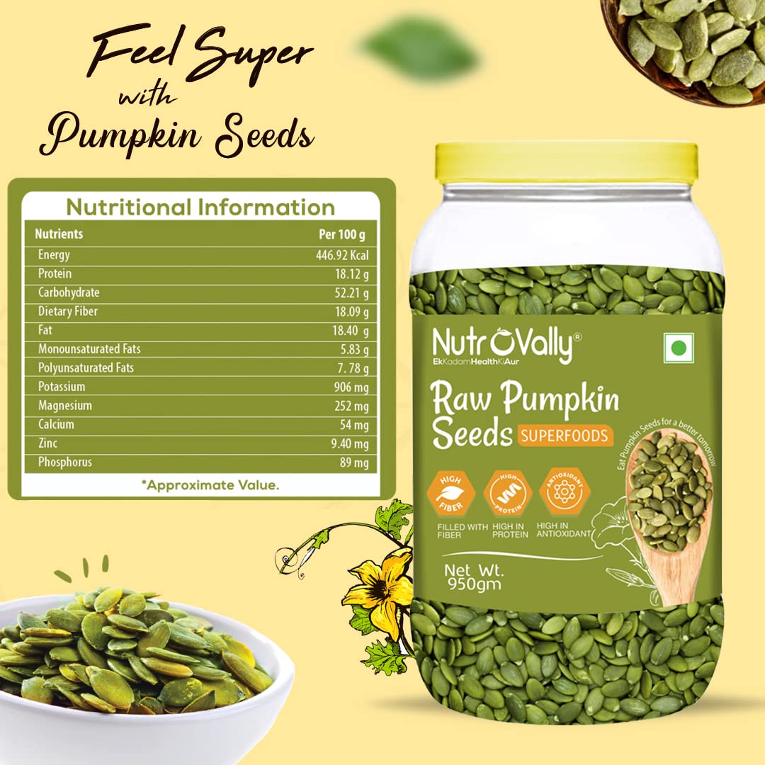 NutroVally - Pumpkin Seeds 950g Jar – Premium Roasted & Shelled Superfood Snack – High Protein, Gluten-Free & Nutrient-Rich for Healthy Snacking & Cooking