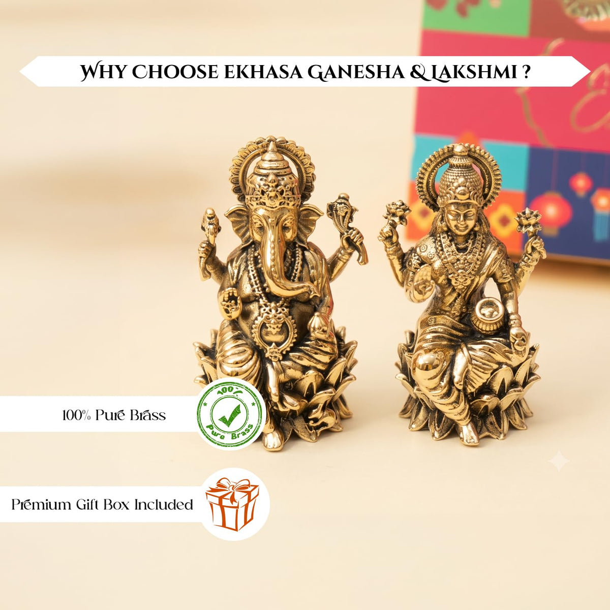 100% Pure Brass Lakshmi Ganesh Idol with Gift Box | Pital Murti for Pooja Room Decor Office Desk | Religious Housewarming Grah Pravesh Diwali Wedding Gift for Couple