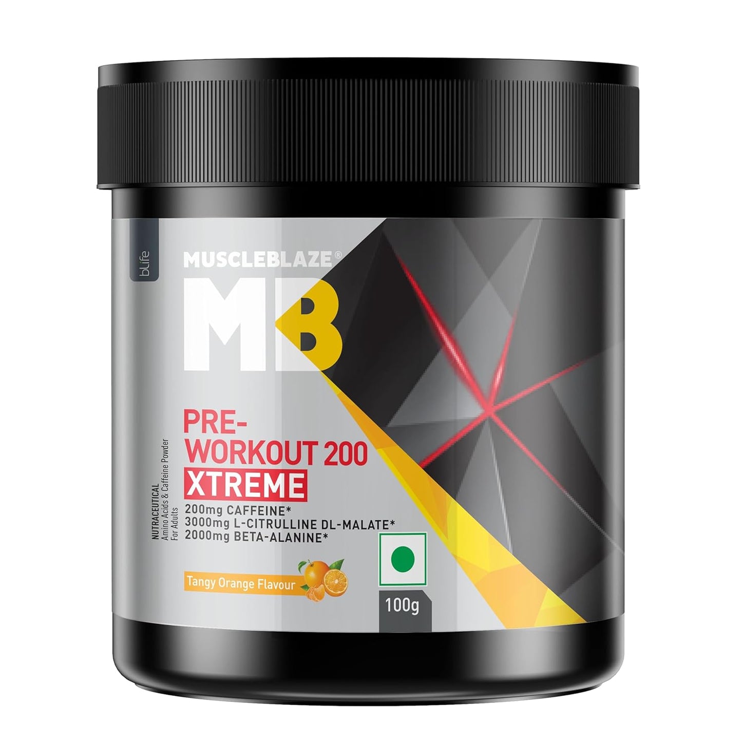 MuscleBlaze Pre Workout 200 Xtreme (Tangy Orange, 15 Servings, 100g) | 200mg Caffeine, 200mg Theanine, 2000mg Beta Alanine, 3000mg Citrulline