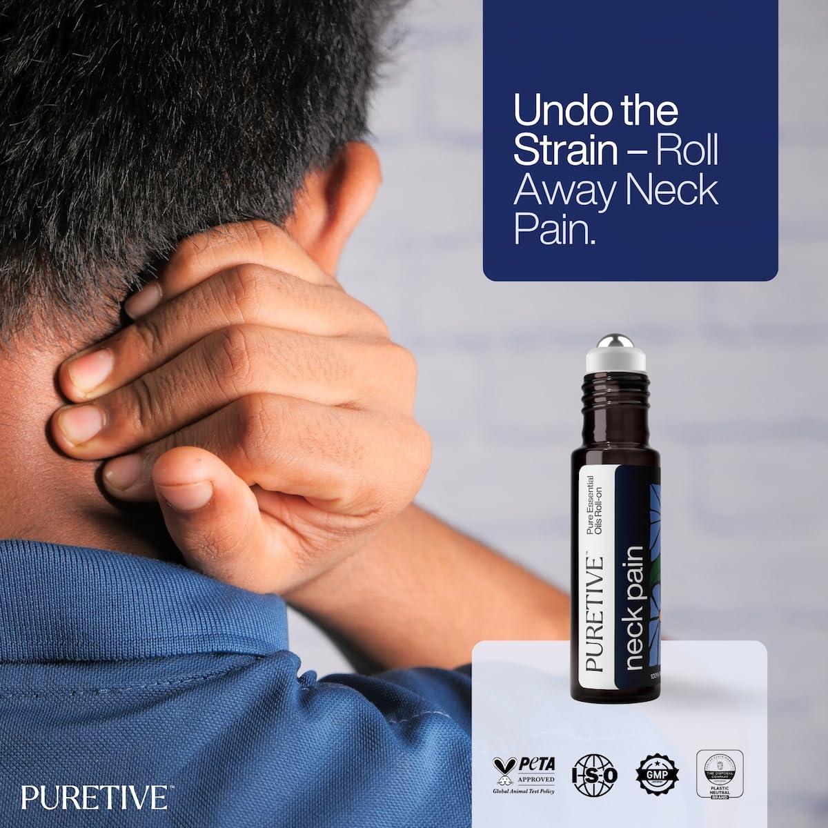 Person with neck pain using a Puretive neck pain relief product