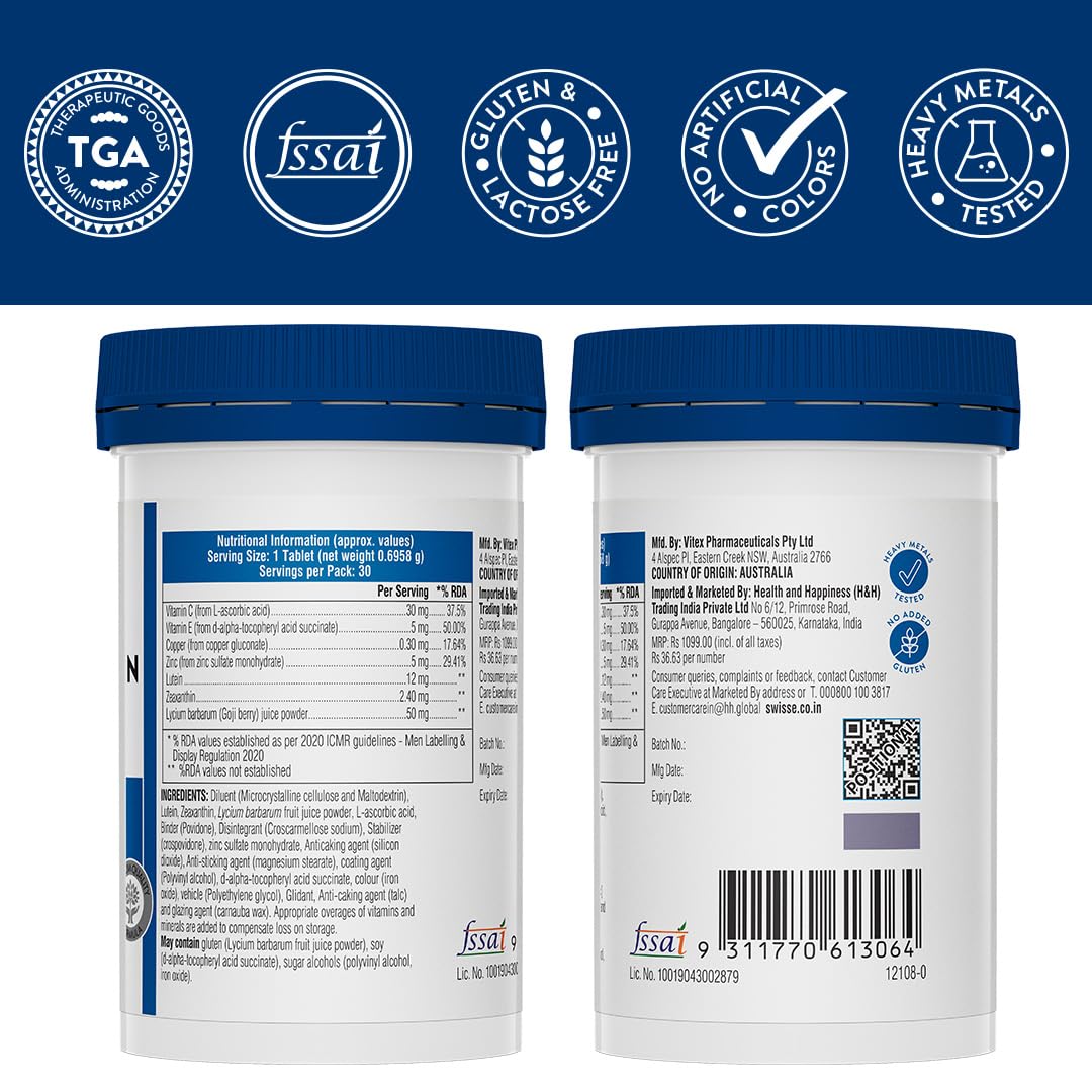 Zephivo Swisse Eye Health+ with Lutein & Zeaxanthin for Healthy Vision Support, Reduces Digital Strain & Fatigue From High Screen Time - 30 Tablets