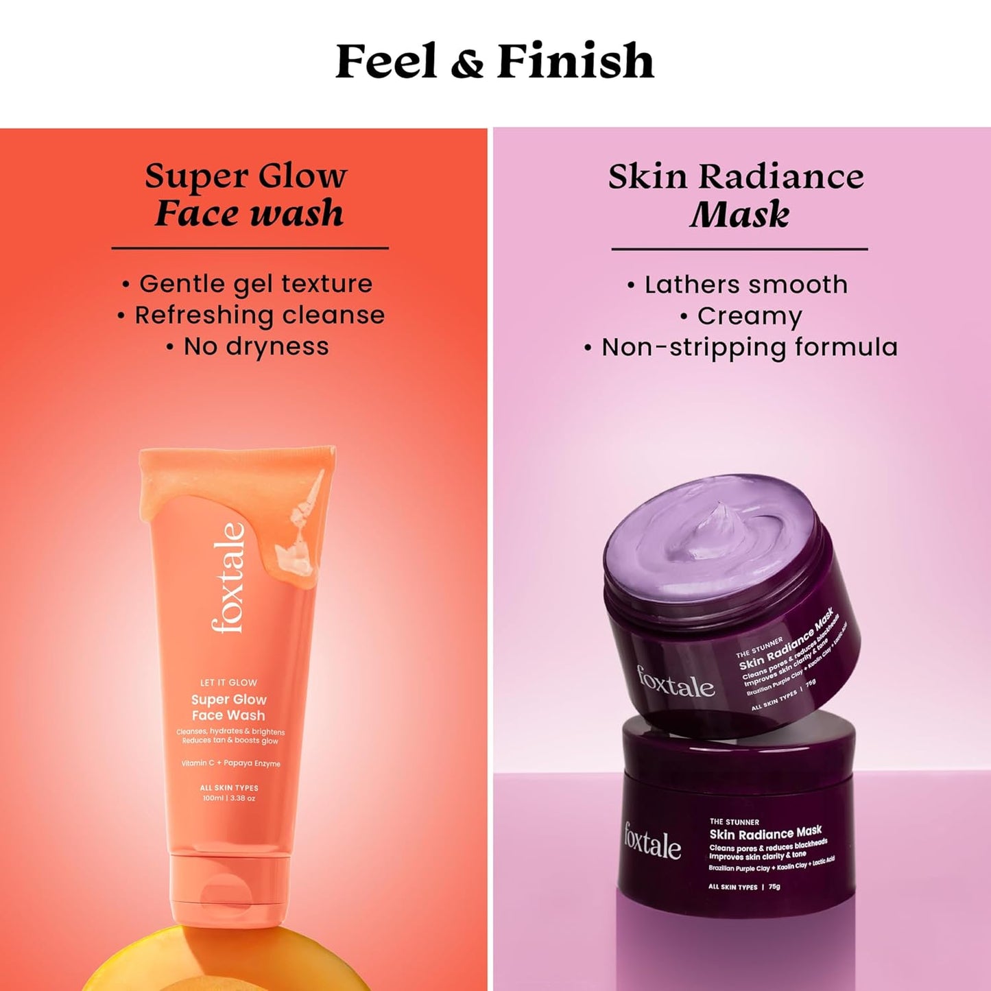 Foxtale Detan and Glow Duo – Face Wash + Skin Radiance Mask | Removes Tan, Brightens, Unclogs Pores | With Vitamin C, Papaya Enzyme, Lactic Acid & Clay | For Radiant, Even-Toned Skin