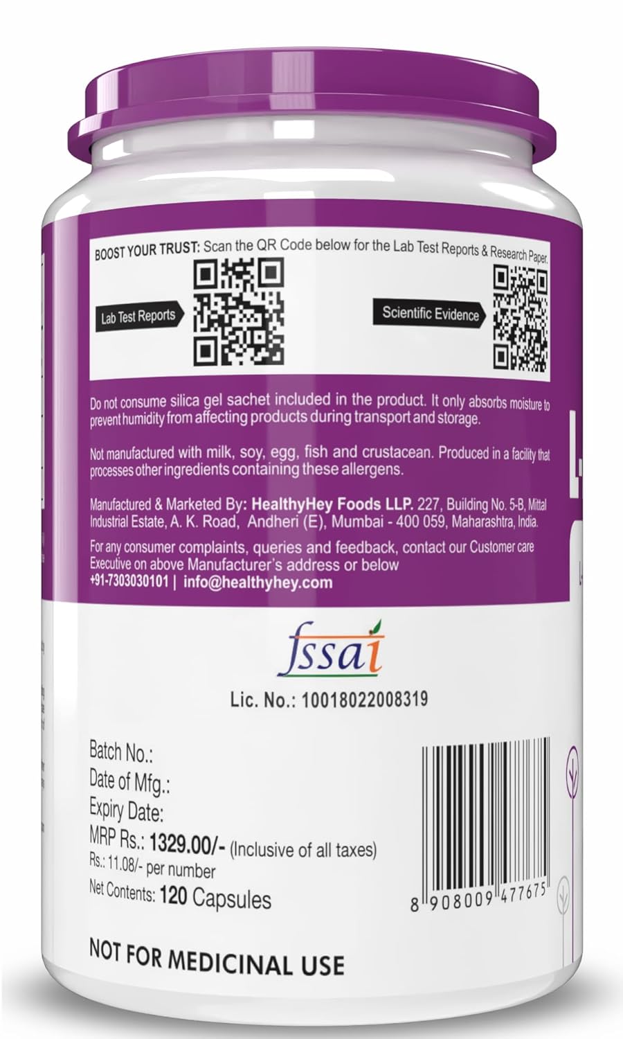 Supplement container with purple lid and label on a white background
