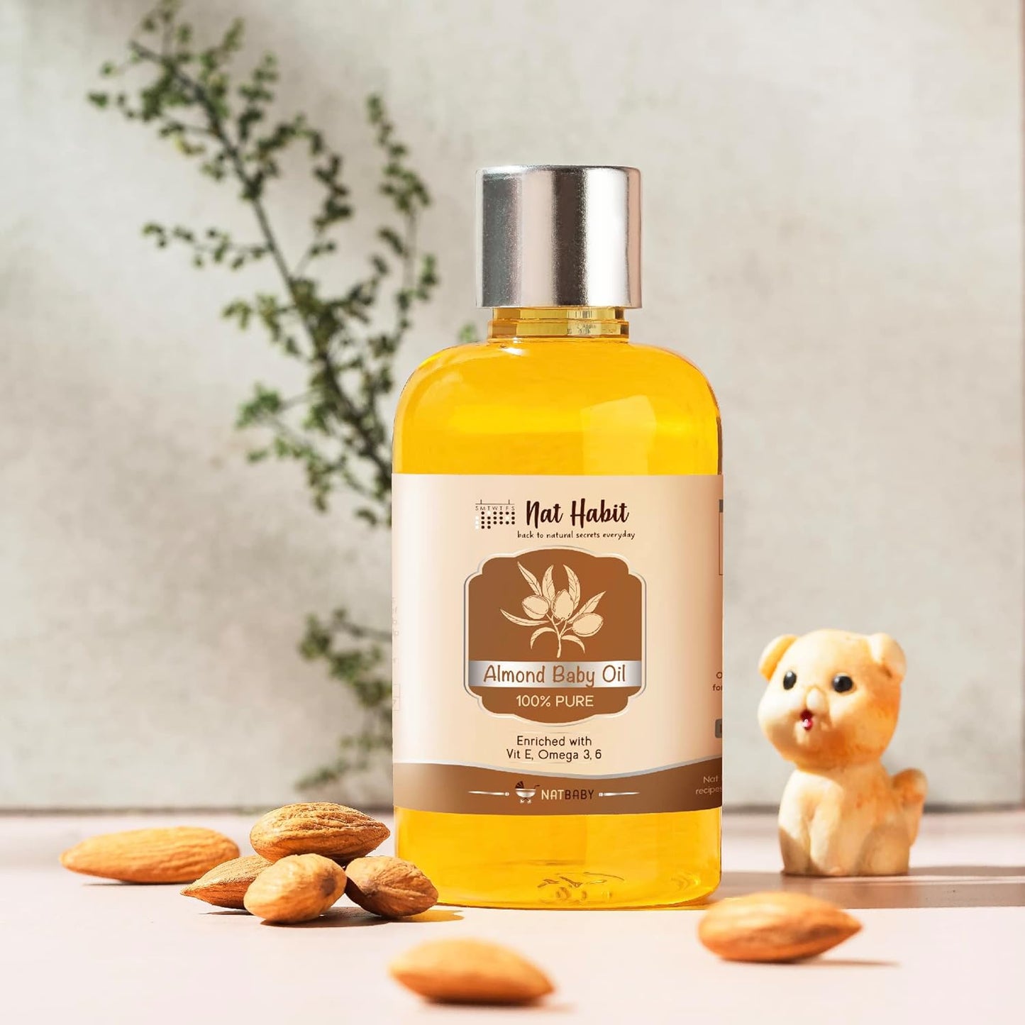 Nat Habit 100% Pure Almond Baby Oil For Baby Skin & Hair, Enriched With Vit E & Omega-3, 6 Non-Refined, LLP Free, Chemical & Preservative Free - 100 ml