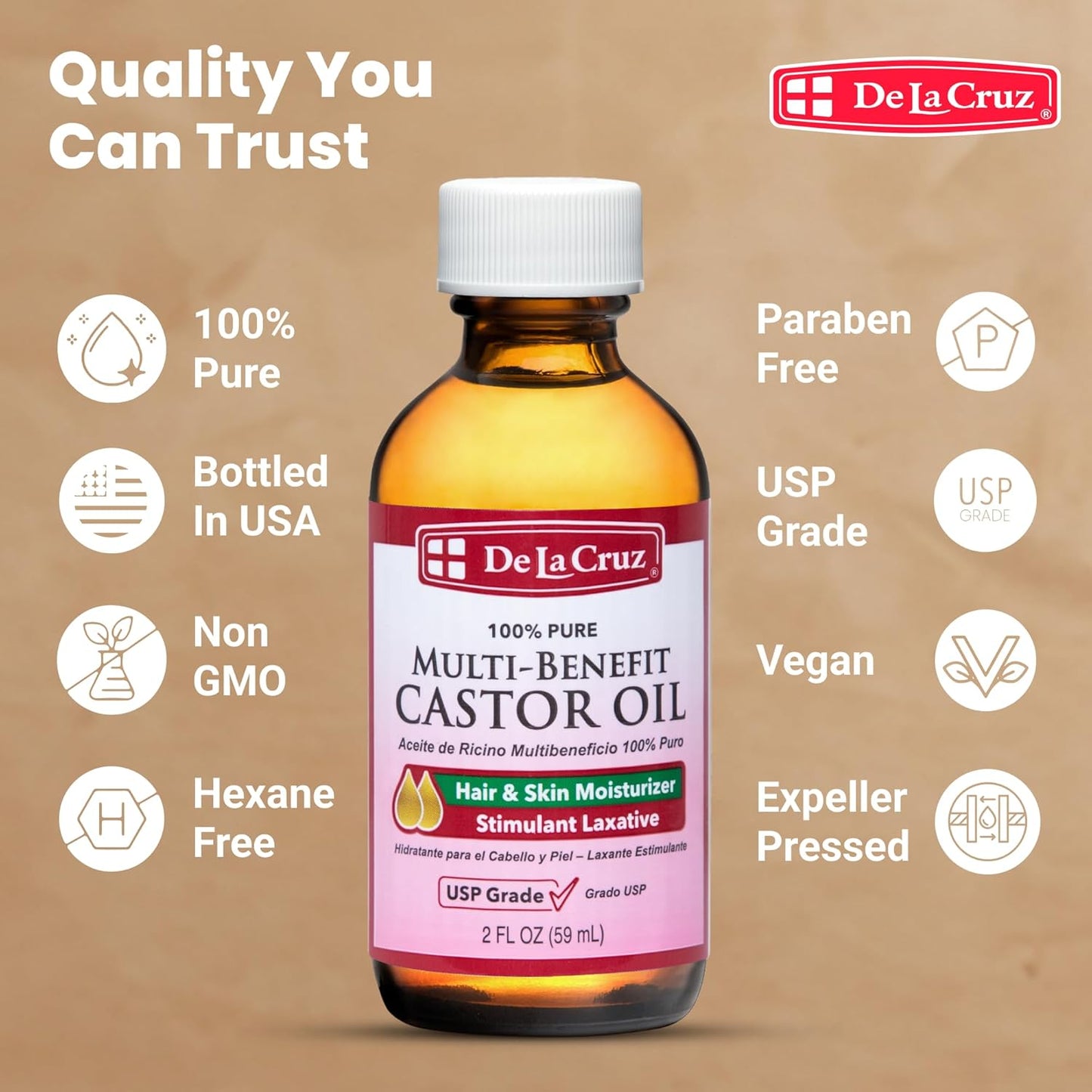De La Cruz Castor Oil - 100% Pure Castor Oil for Hair, Skin, Eyelashes, and Eyebrows - USP Grade, 2 FL Oz