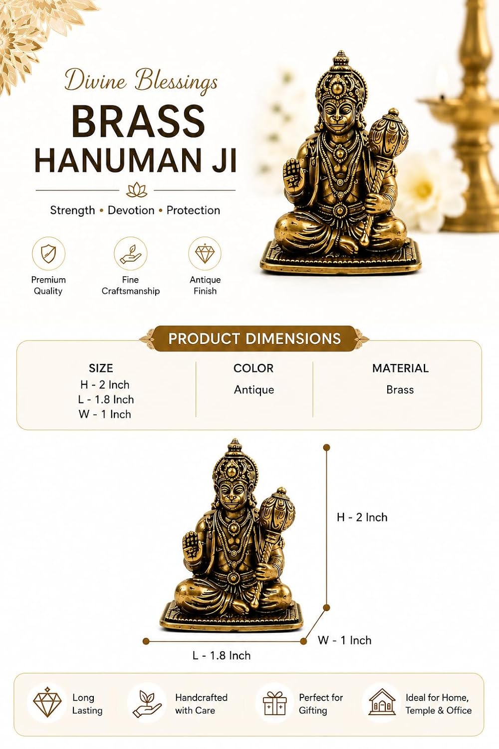 2 Inch Hanuman Brass Murti for Home Temple, Bajrangbali Idol for Pooja Room, Office Desk & Car Dashboard, Brass God Statue for Strength, Courage, Positive Energy & Spiritual Décor