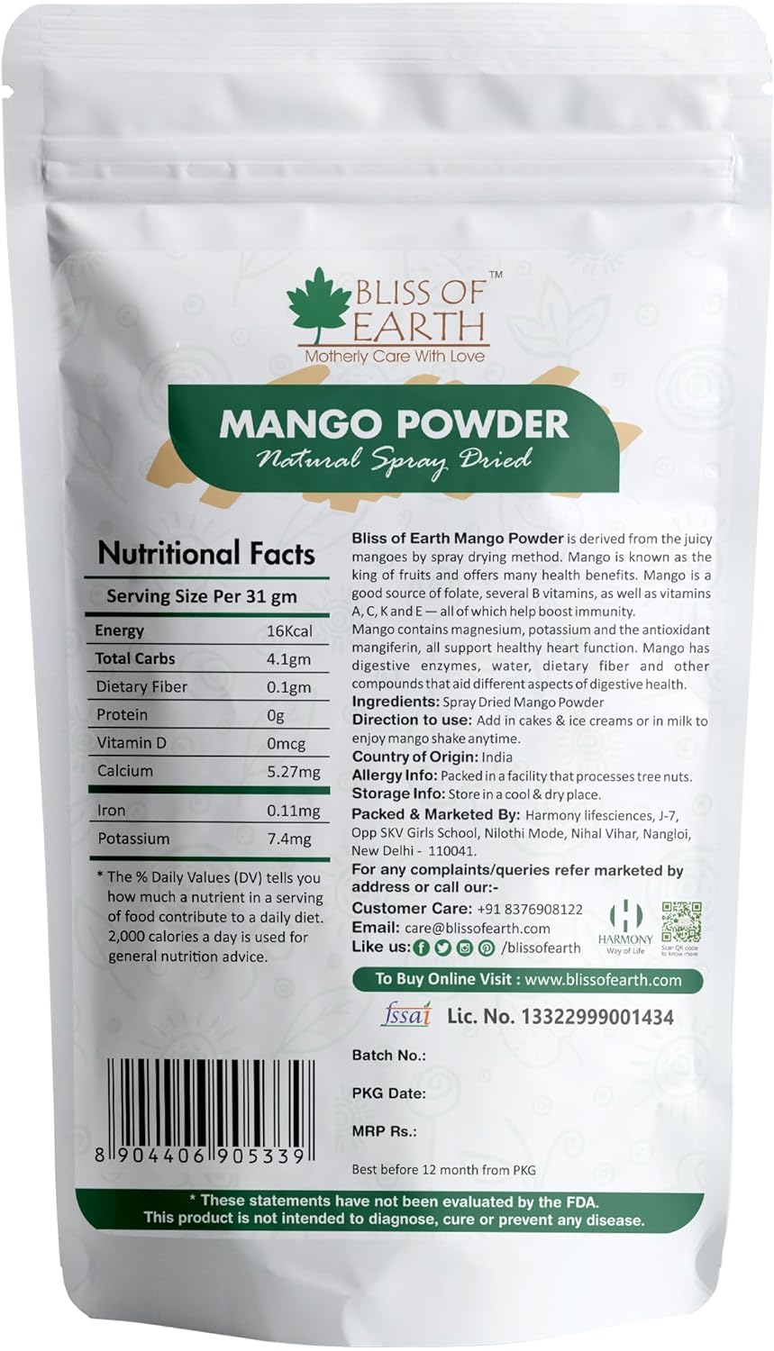 Bliss of Earth 200gm Mango Powder Natural Spray Dried king of fruits Vitamin A,C,K Rich for Smoothie,Shake,juice, cake and ice cream