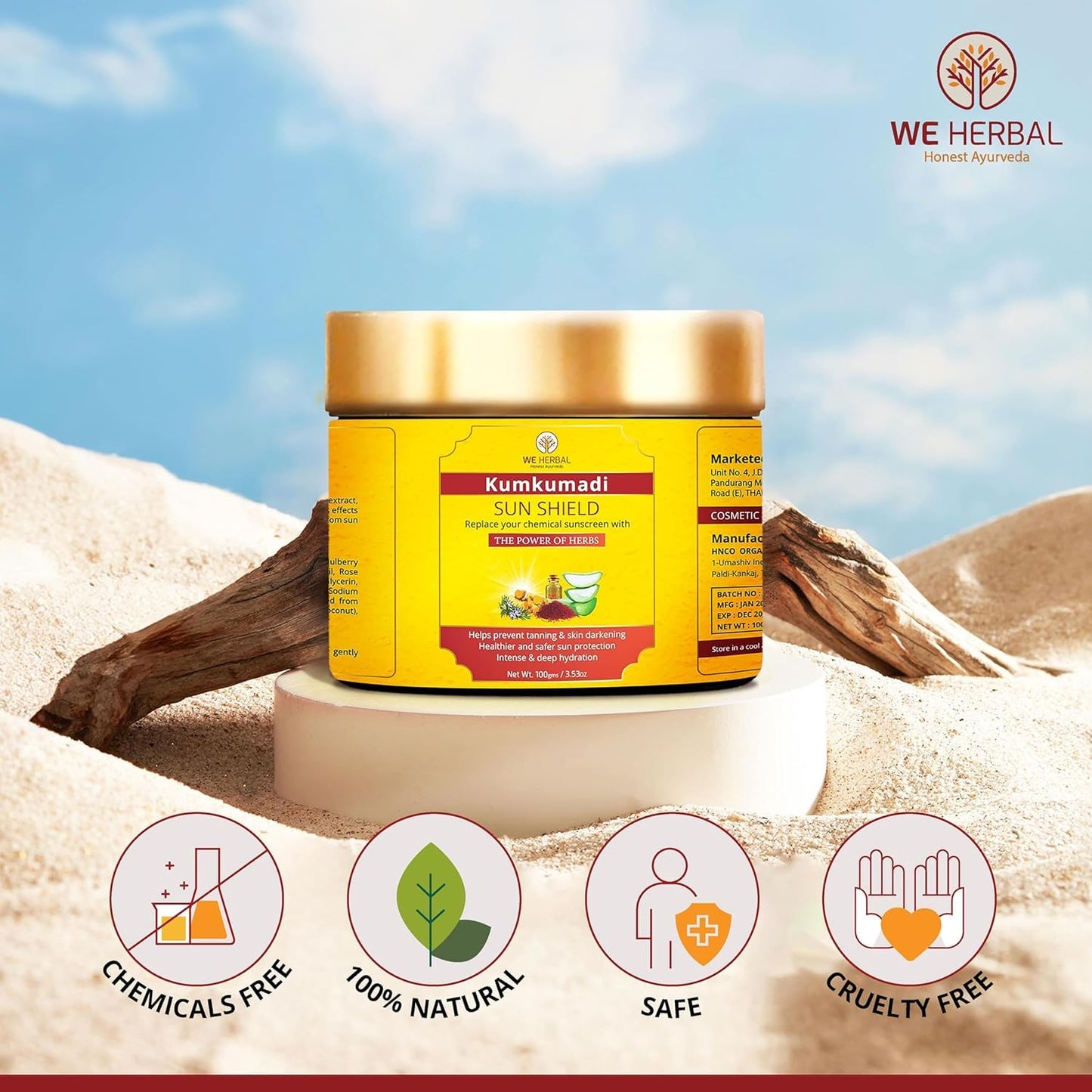 Kumkumadi Sunscreen 50gm, Ayurvedic Sun Shield with Saffron, Aloe Vera & Licorice, Sun Protection Without White Cast, Non Greasy, No Chemicals or Fragrance