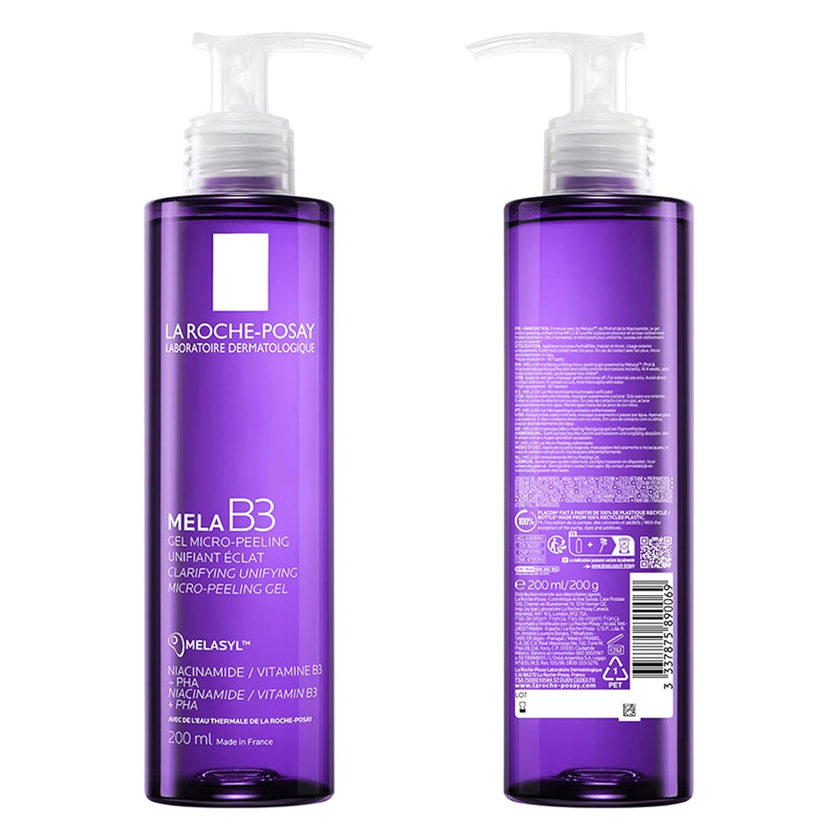 Two purple bottles of La Roche-Posay Mela BB product on a white background