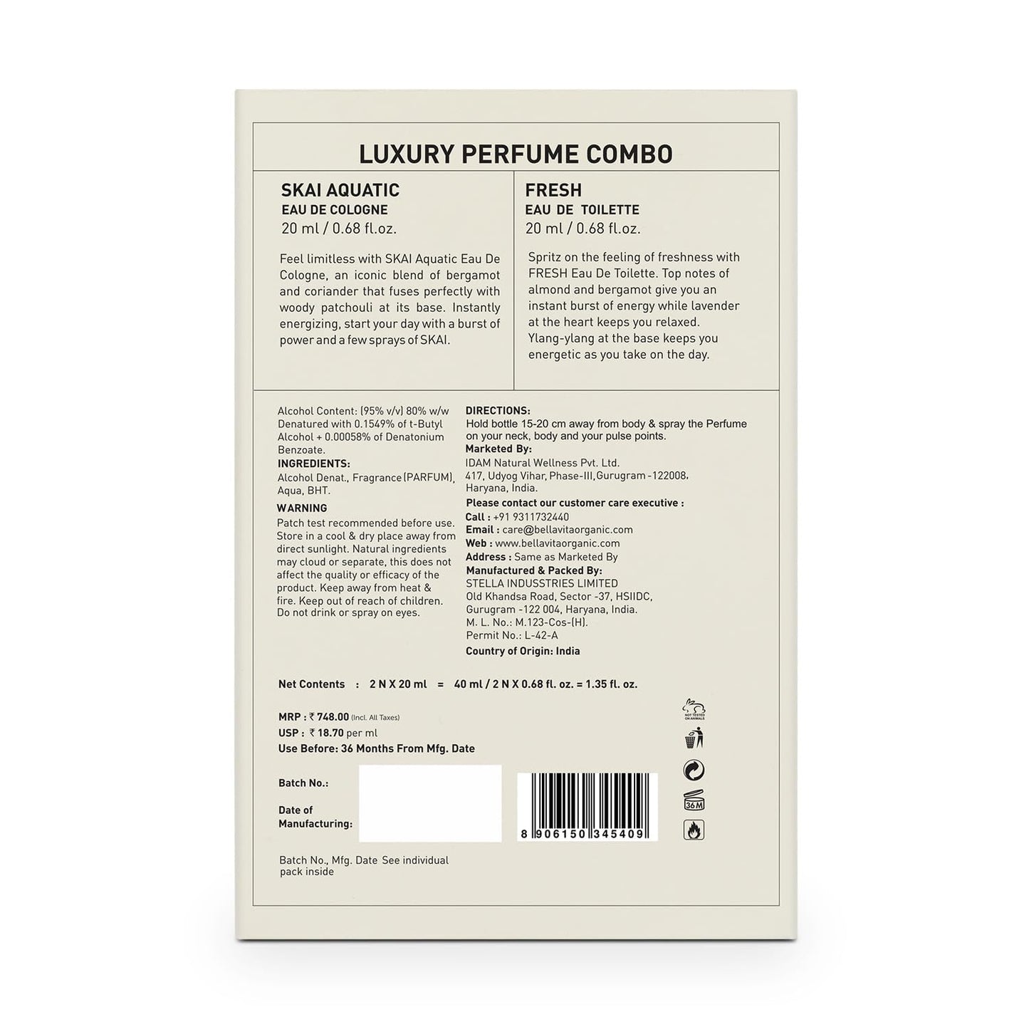 Back of a luxury perfume combo packaging with product details and branding.