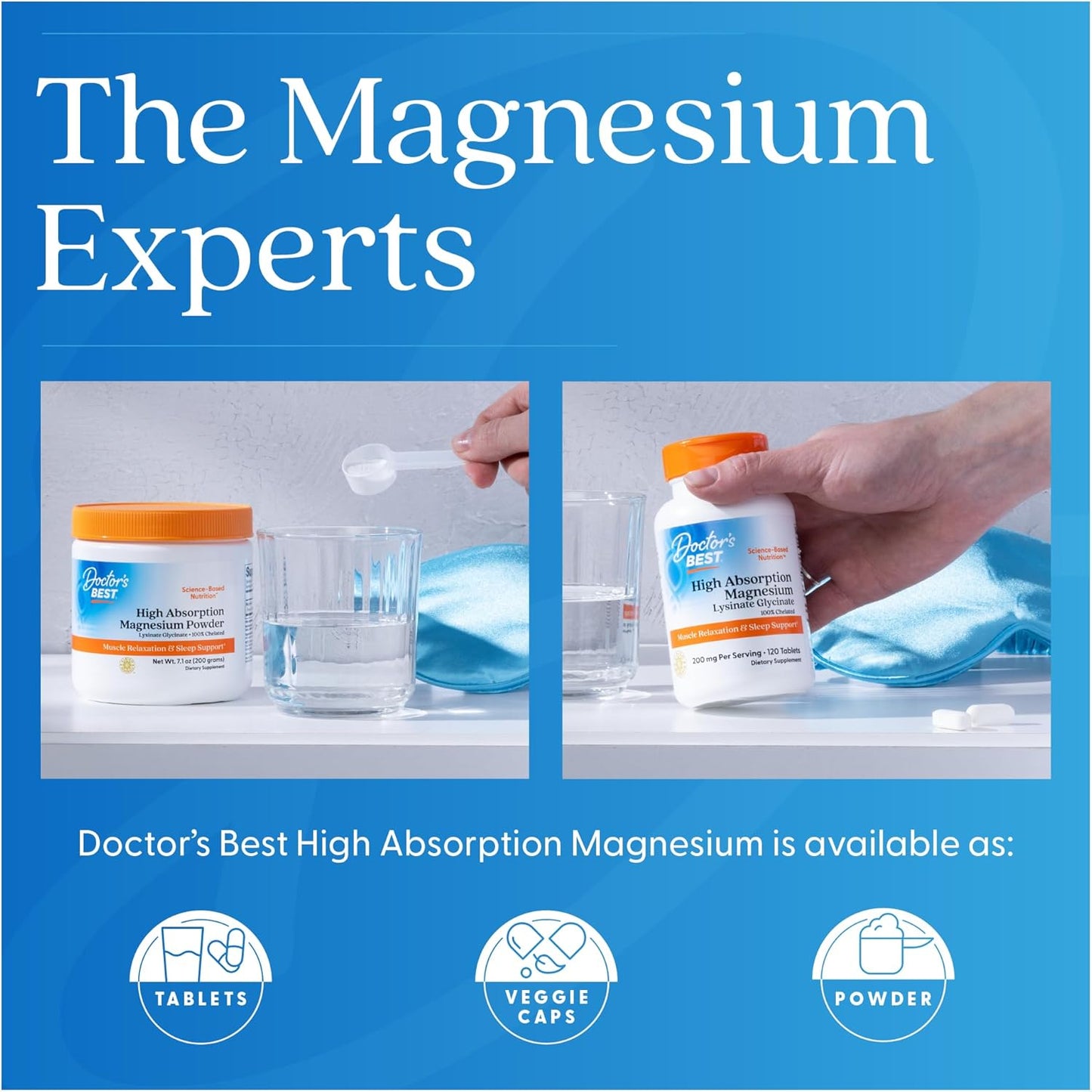 Advertisement for Doctor's Best High Absorption Magnesium with product images and text on a blue background.
