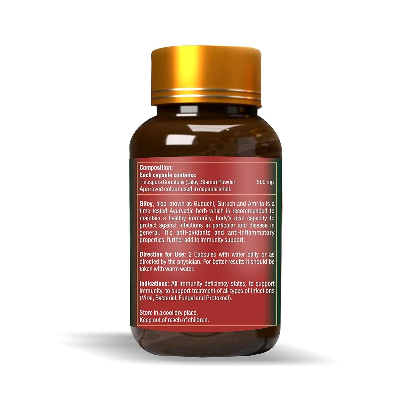 Bottle of capsules with a gold cap and red label on a white background