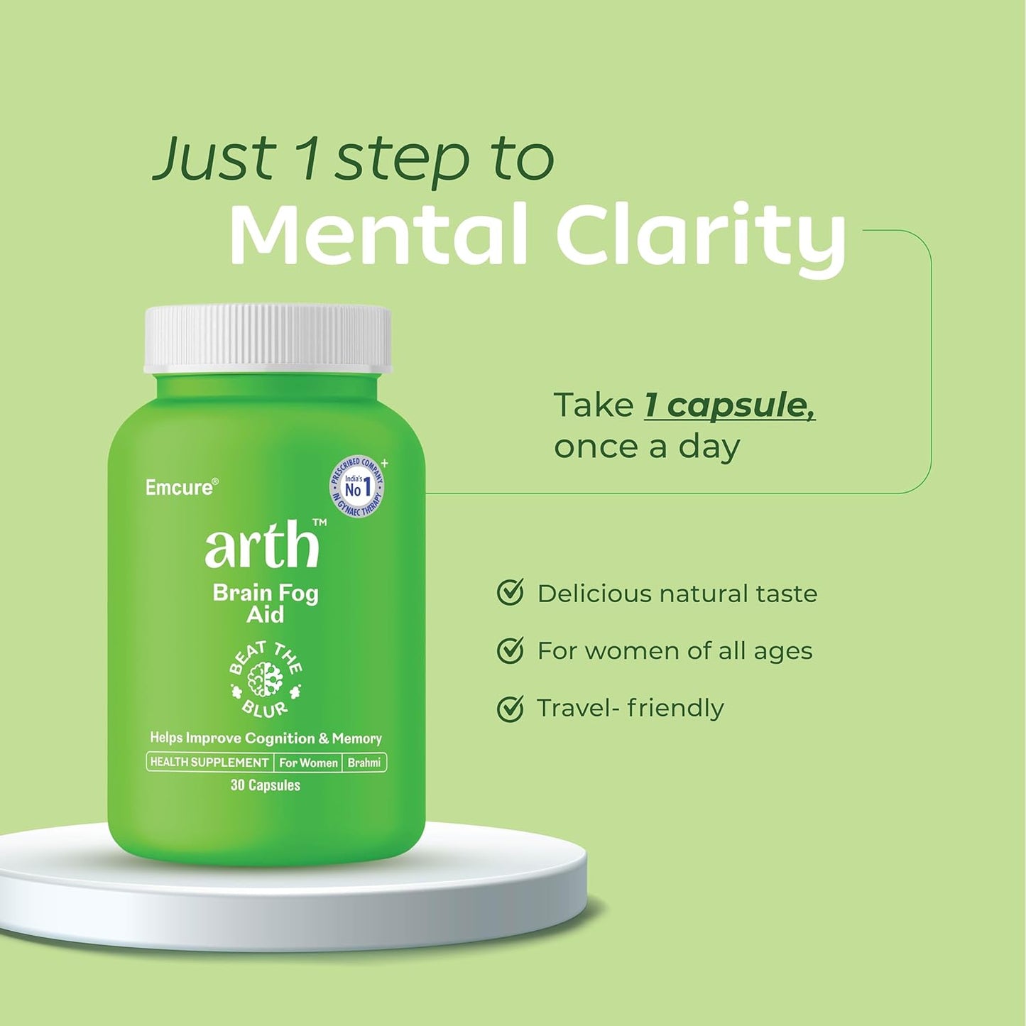 Arth Brain Fog Support | Brain Booster Supplement for Women | Helps Improve Cognition, Focus, Concentration, and Memory; Reduces Stress & Anxiety | Formulated with a highly potent Brahmi tablet featuring Brahmi extract (B-Lit Bacopa) (30 Veg Capsules)