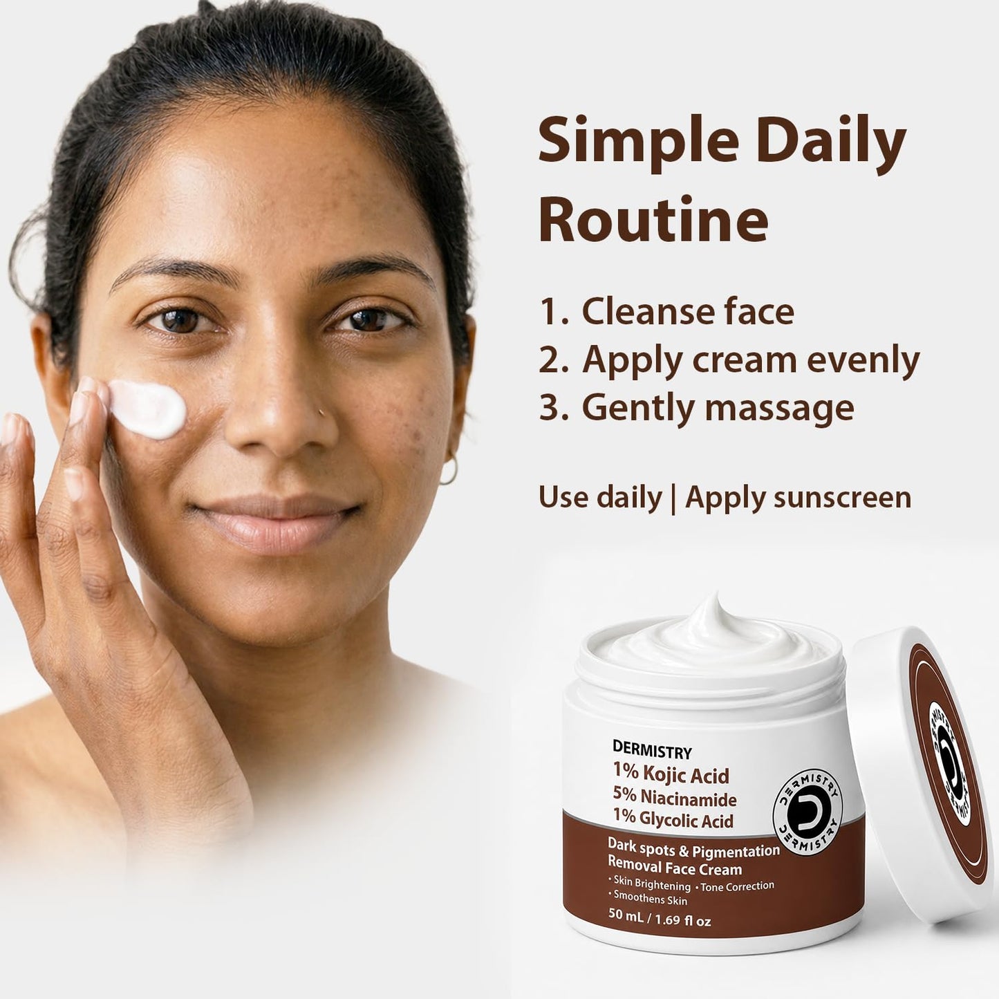 Dermistry 1% Kojic Acid 5% Niacinamide Moisturizer Face Cream for Pigmentation Dark Spots D De Tan Uneven Dull Skin Tone Detan Dtan Removal Glowing Skin Face Glow Men Women Dry Oily All Skin Type 50ml