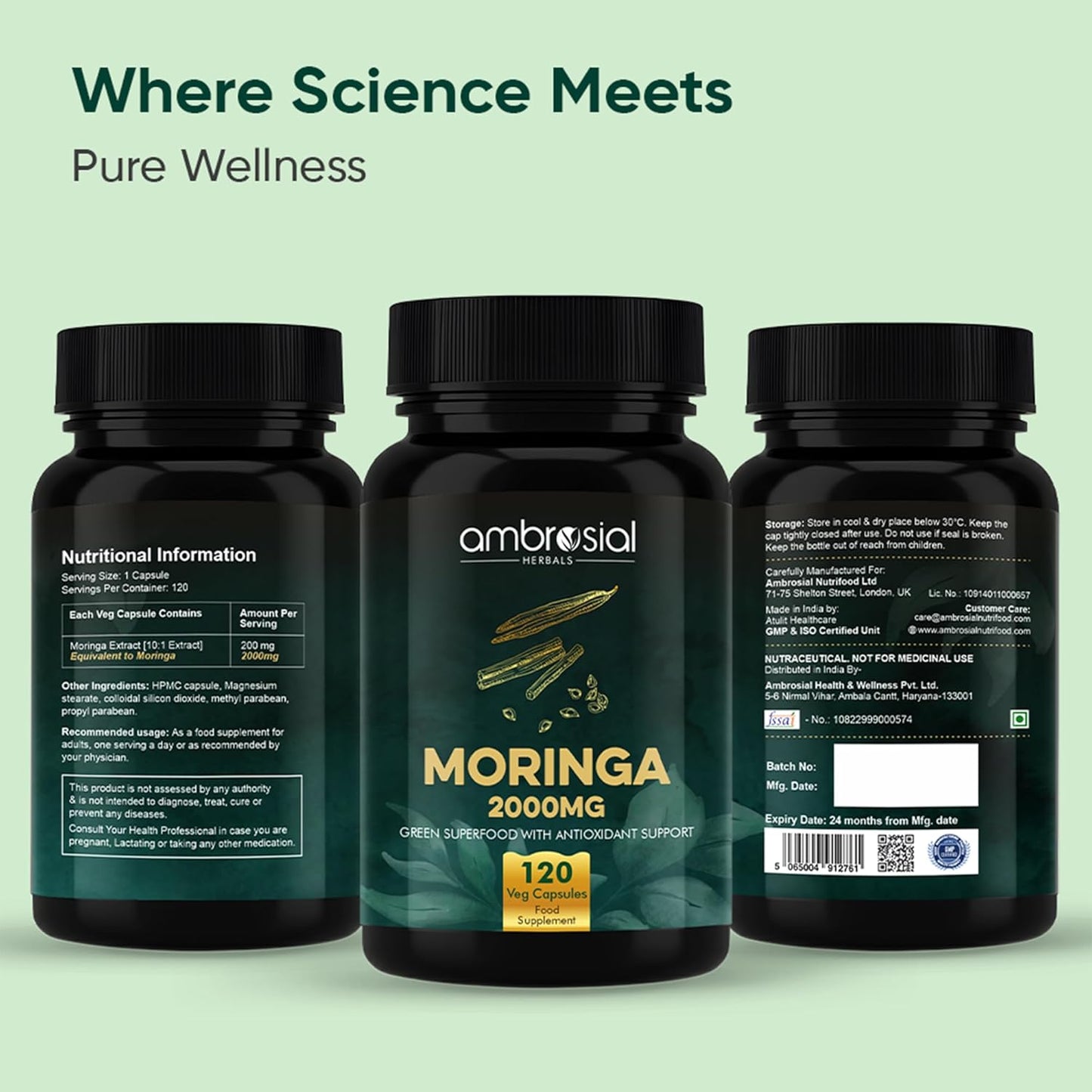 Three bottles of ambrosial Moringa 2000MG supplement on a light green background with text 'Where Science Meets Pure Wellness'.