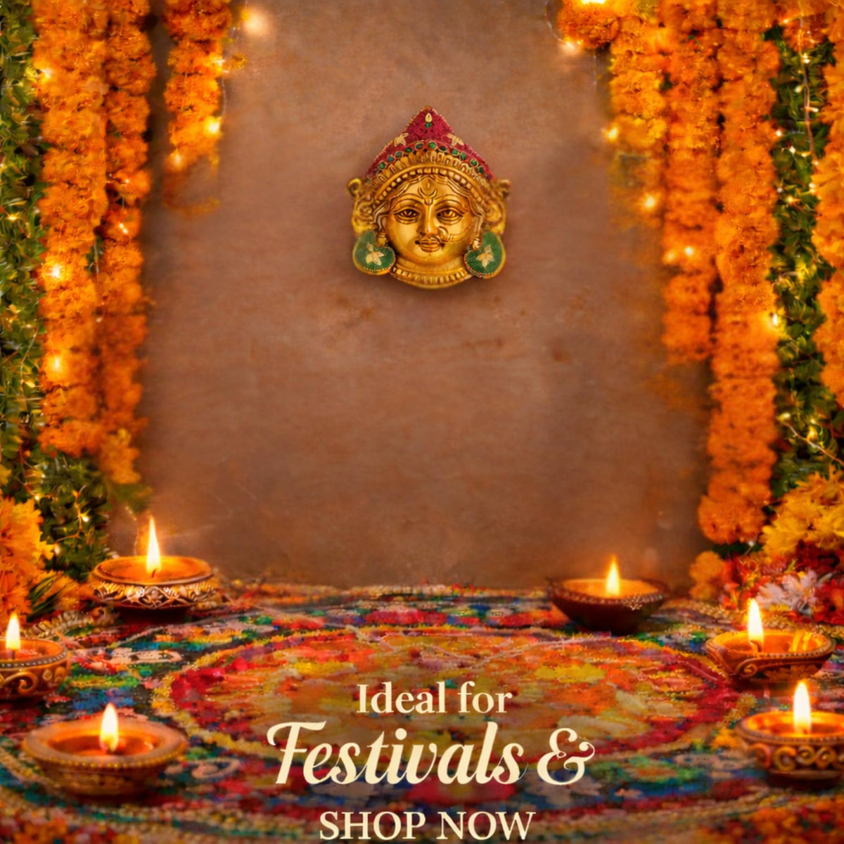 Kalakriti Goddess Durga Face Wall Hanging Navratri Decorative Idol | Golden Finish Beaded Hindu Ambe MATA Bengali Devi Mask for Home Temple, Living Room & Festive Decor (Durga Face)