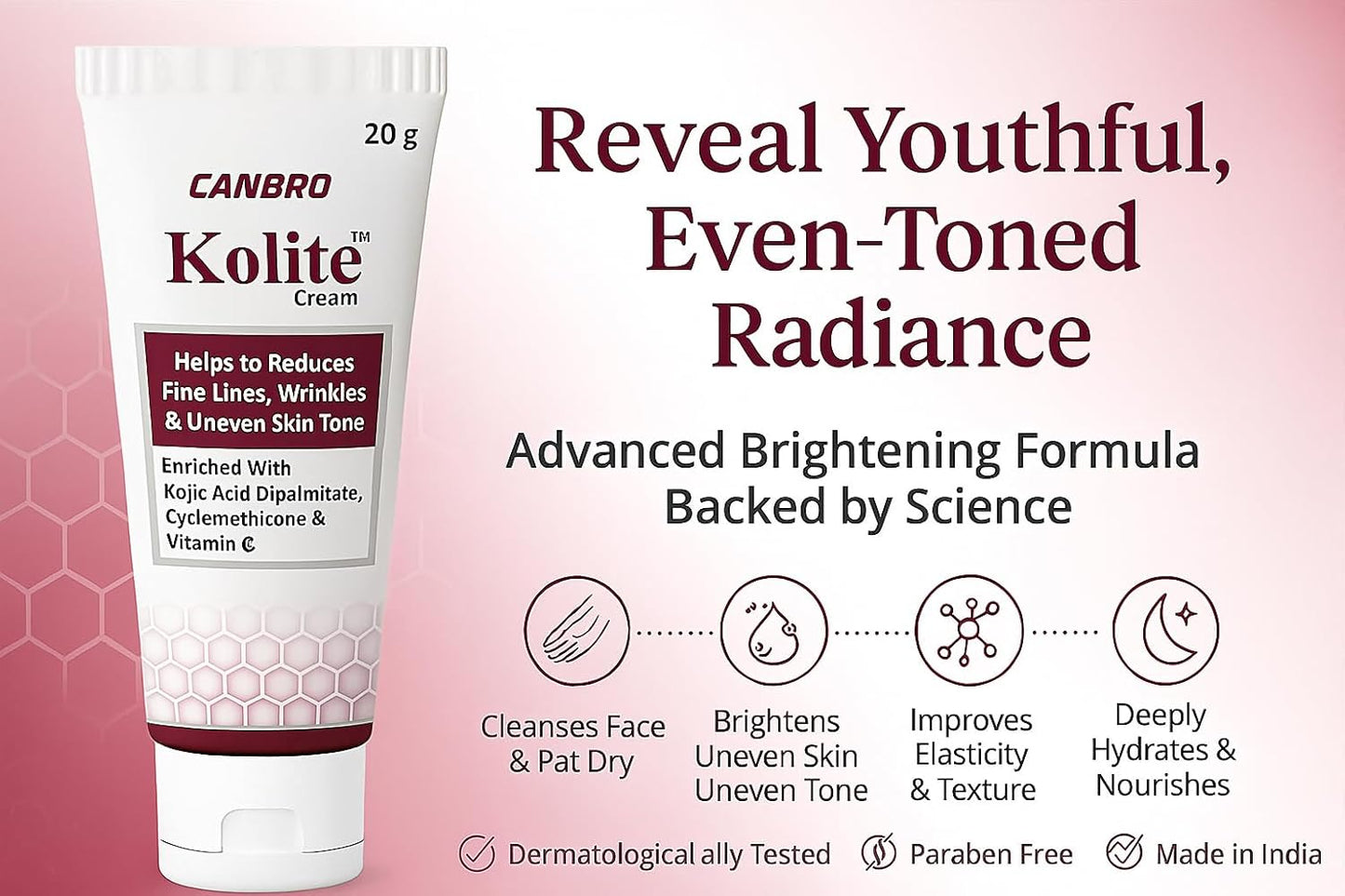 Kolite Cream – Helps Reduce Fine Lines, Wrinkles & Uneven Skin Tone | Enriched with Kojic Acid Dipalmitate, Cyclomethicone & Vitamin C | Brightening & Anti-Ageing Face Cream – 20 g by CANBRO