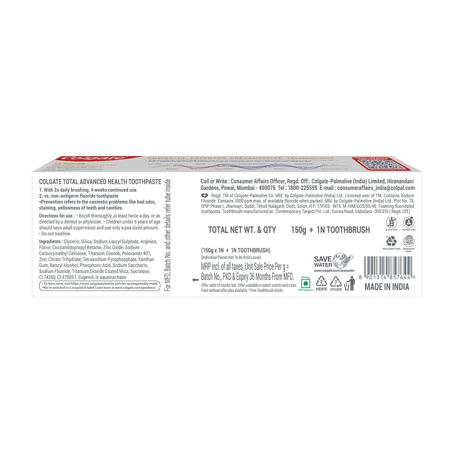 Colgate Total 150 Grams Advanced Health Antibacterial Toothpaste With 12-Hour Anti-Germ Protection & Enamel Protection for Whole Mouth Health, World'S No.1* Germ-Fighting