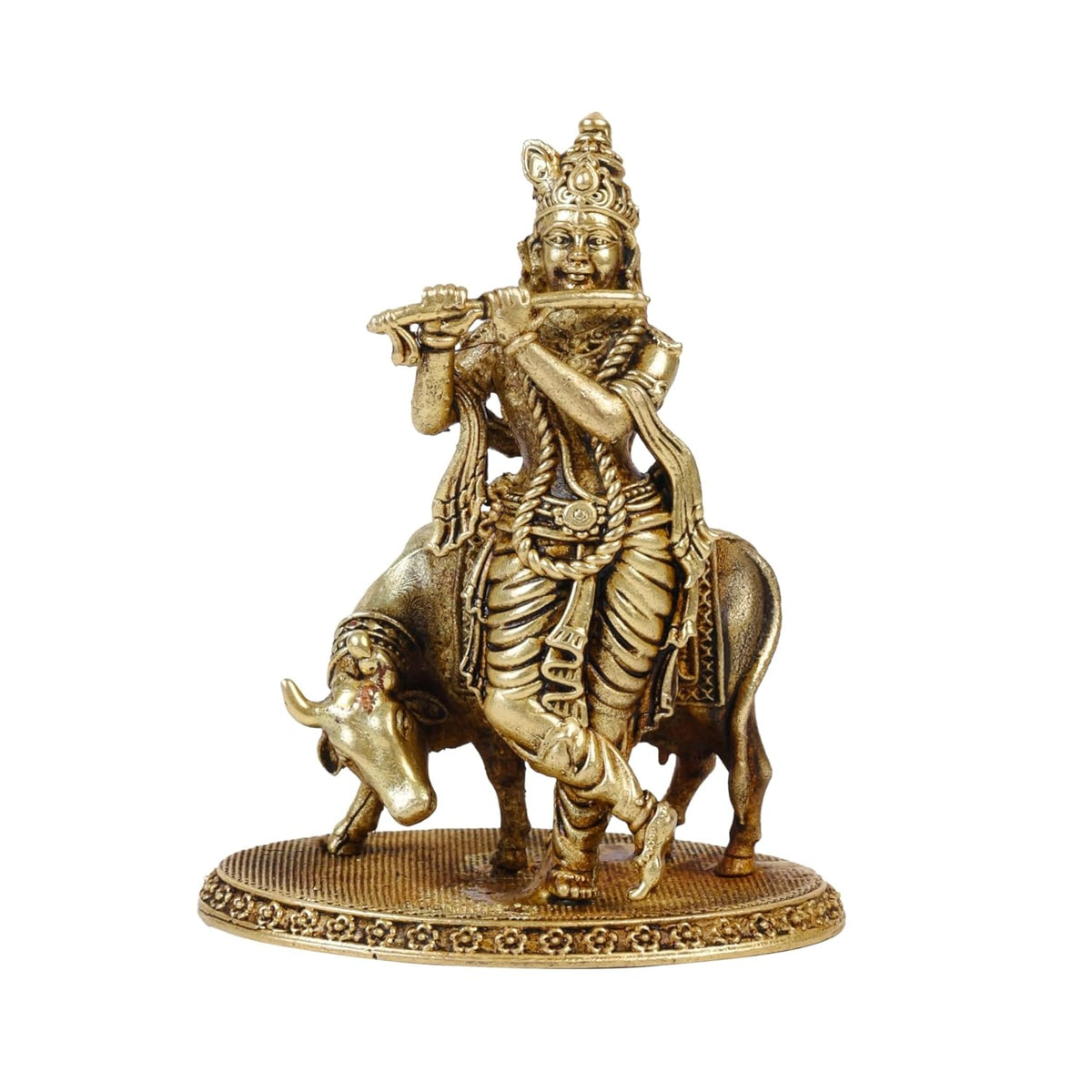 3 Inch Pure Brass Lord Krishna with Cow Idol | Flute Playing Kanha Murti for Mandir, Pooja Room, Home Temple, Pooja, Vastu & Spiritual Décor | Ideal for Diwali & Festive Gifting (Pack of 1)