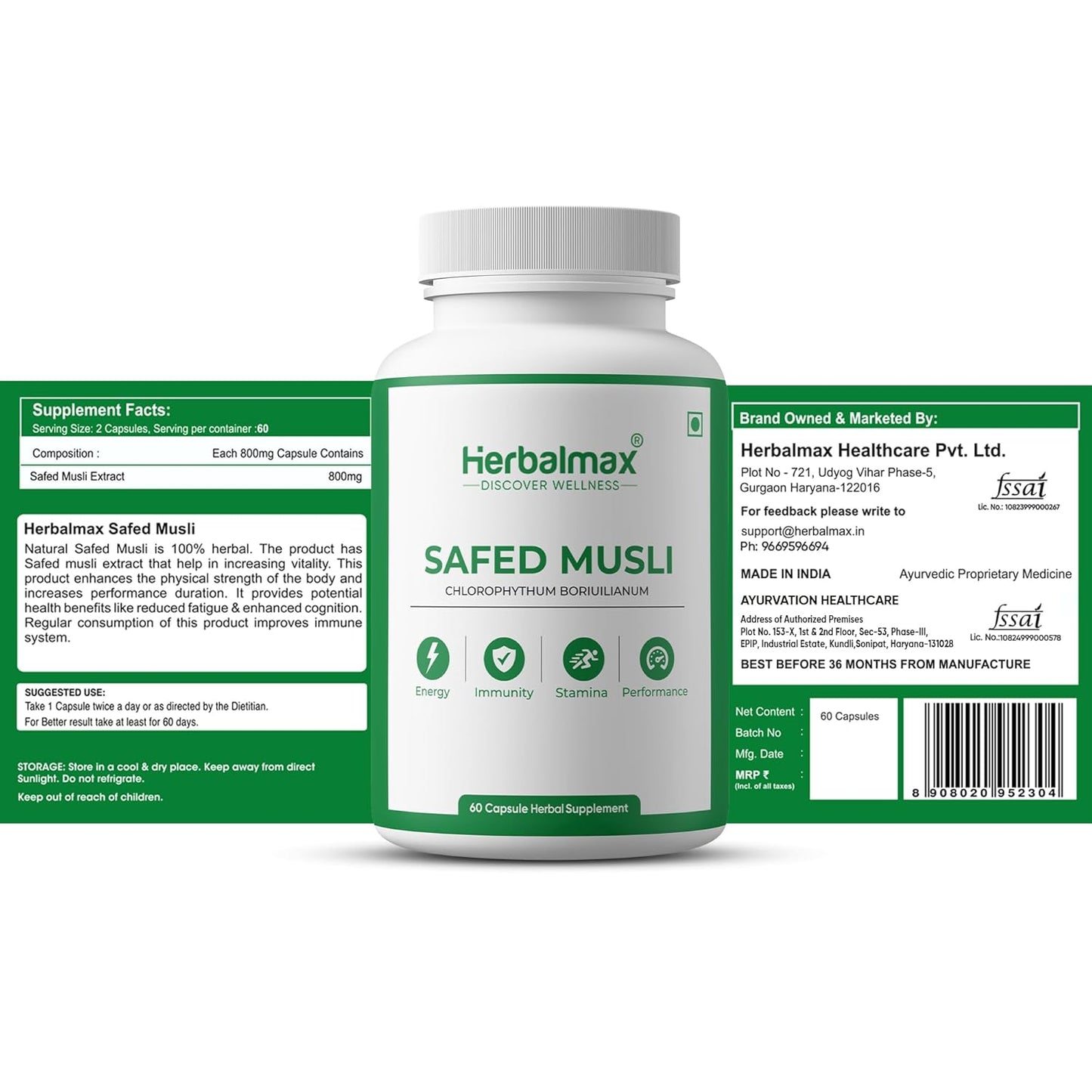 Herbalmax Safed Musli 800mg | With Shilajit, Ashwagandha & Gokshura | Natural Energy, Immunity Boost, Stamina & Stress Relief | Enhances Performance & Body Strength for Men & Women – 60 Veg Capsules