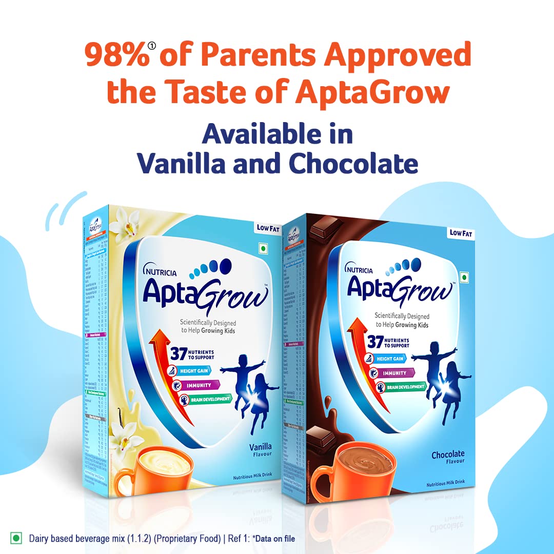 AptaGrow Milk Drink Powder for Kid s Height Gain, Immunity & Brain Development, Nutritious & Tasty Vanilla Flavor, 400g | 37 Nutrients | Prebiotics | Low Fat | Veg