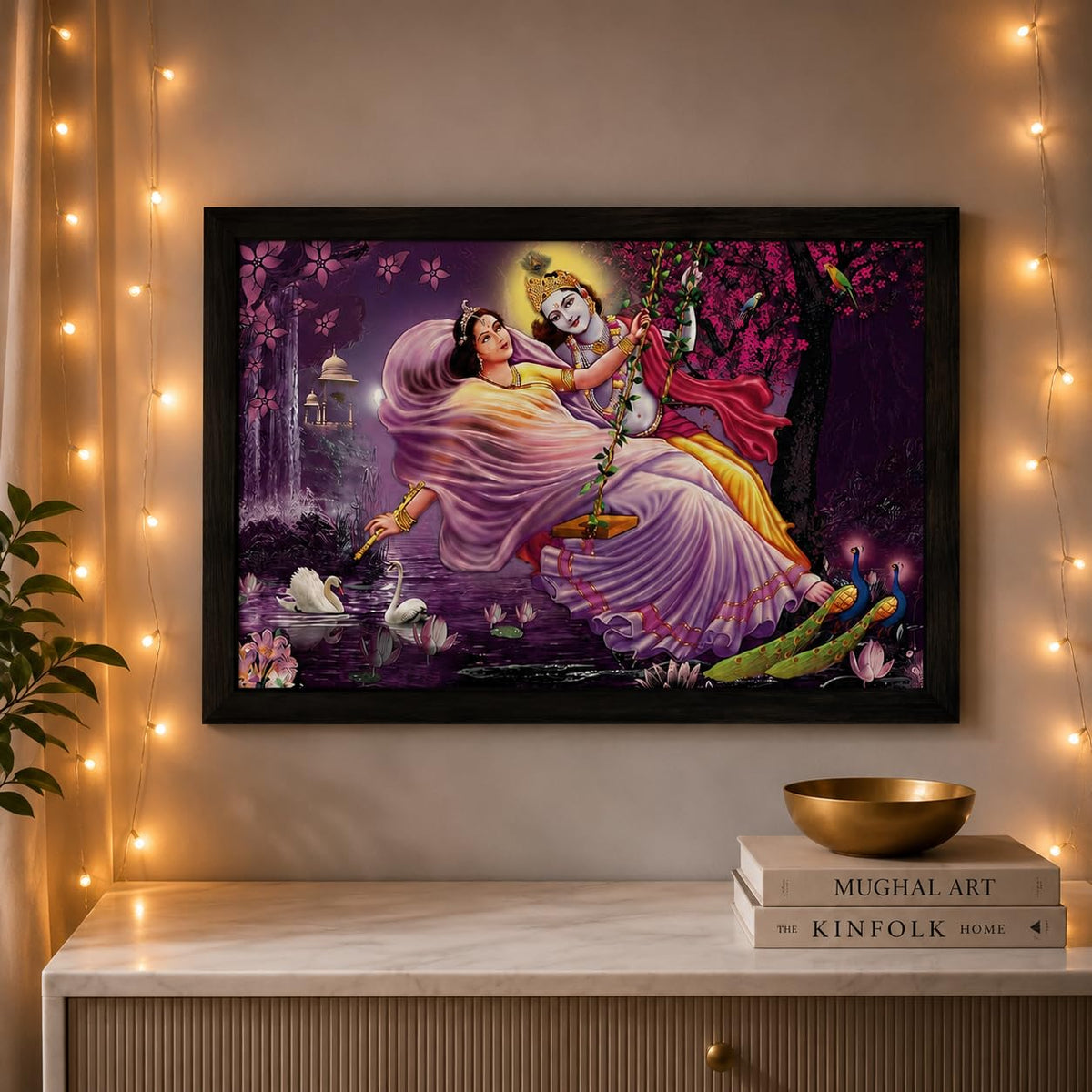 Beautiful Swinging Radha Krishna Art Framed Painting | Ready to Hang (Wooden frame, 12inch x 18 inch)