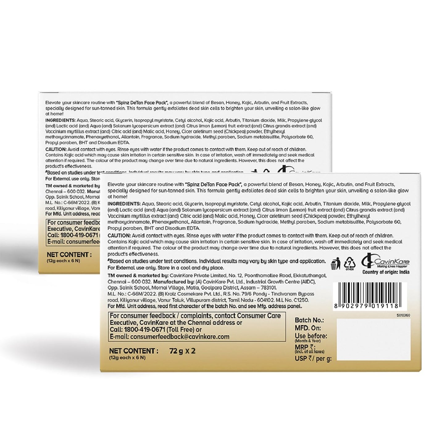 Spinz DeTan Face Pack with Besan, Honey & Kojic Acid | Tan Removal cream for Brightening & Glow | Salon-like Glow in 15 mins | 144g, Pack of 2 (72g x 2)