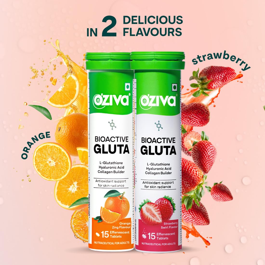 OZiva Bioactive Glutathione Tablets for Radiant Skin - 30 Effervescent Tablets (Pack of 2) | L-Glutathione, Lycopene, Vitamin C for Skin Glow & Anti-Pigmentation
