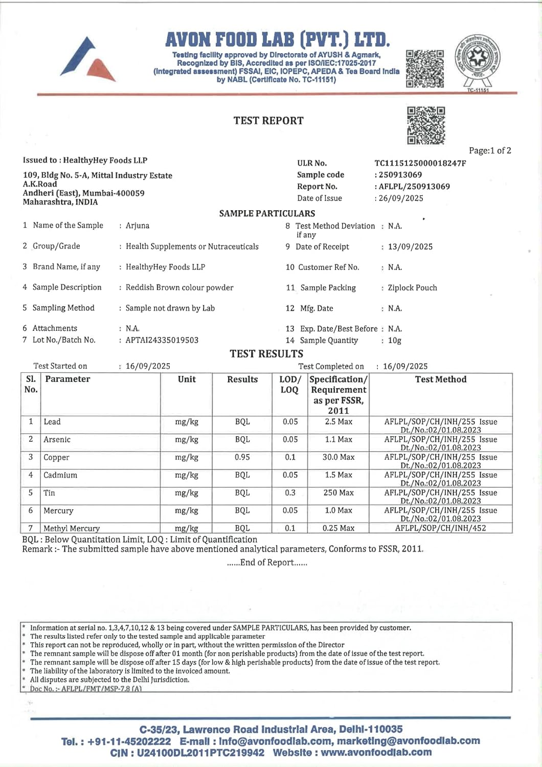 Avon Food Lab test report for a food product