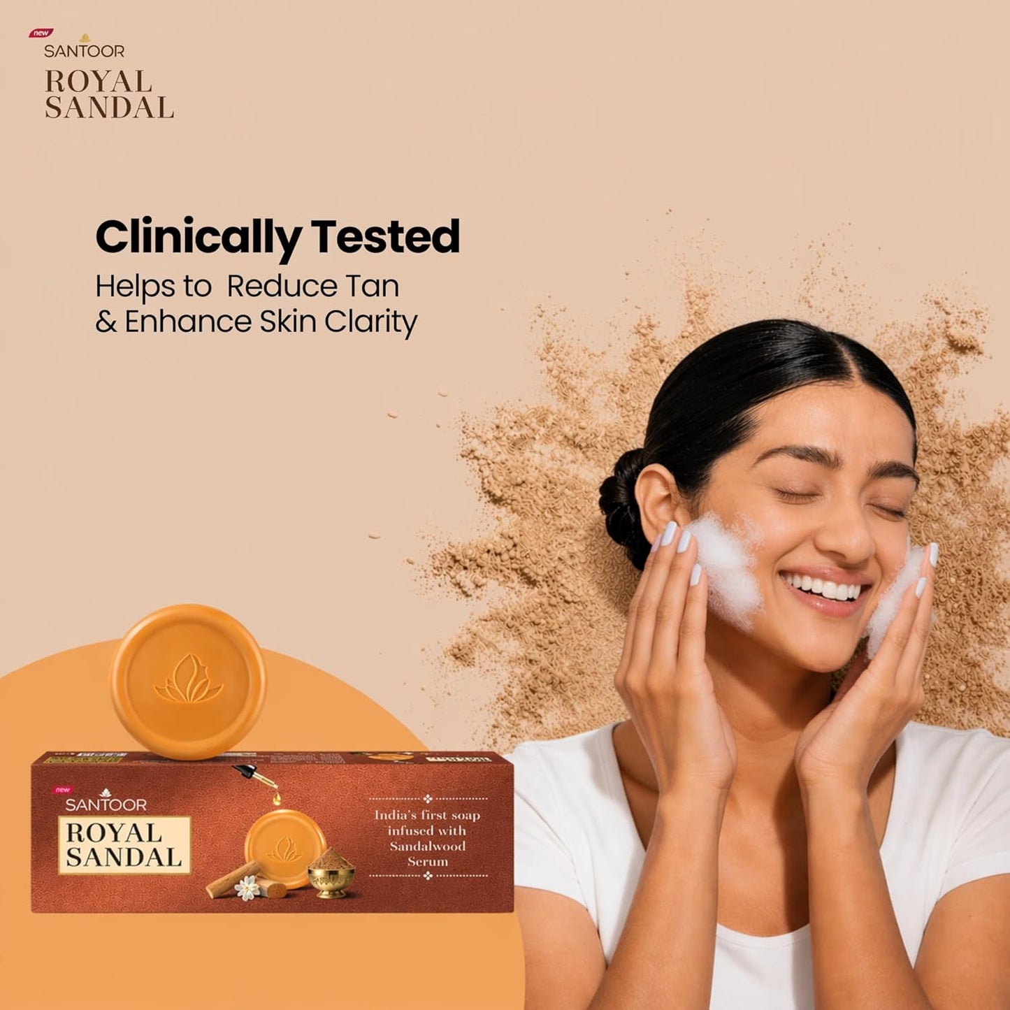 Santoor Royal Sandal Detan Pack | 3 Soaps (150g Each) | 100% Sandalwood Oil & Powder | 3-Step Natural Detan | Reduces tan, Improves complexion, Even Skin Tone & Glow