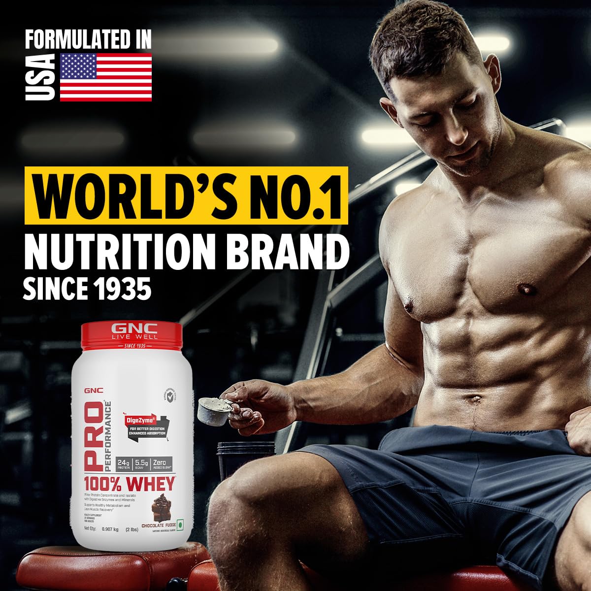 Zehivo GNC Pro Performance 100% Whey Protein Powder | Boosts Strength & Endurance | Builds Lean Muscles | Fastens Muscle Recovery | Formulated In USA | 24g Protein | 5.5g BCAA | Chocolate Fudge | 2 lbs