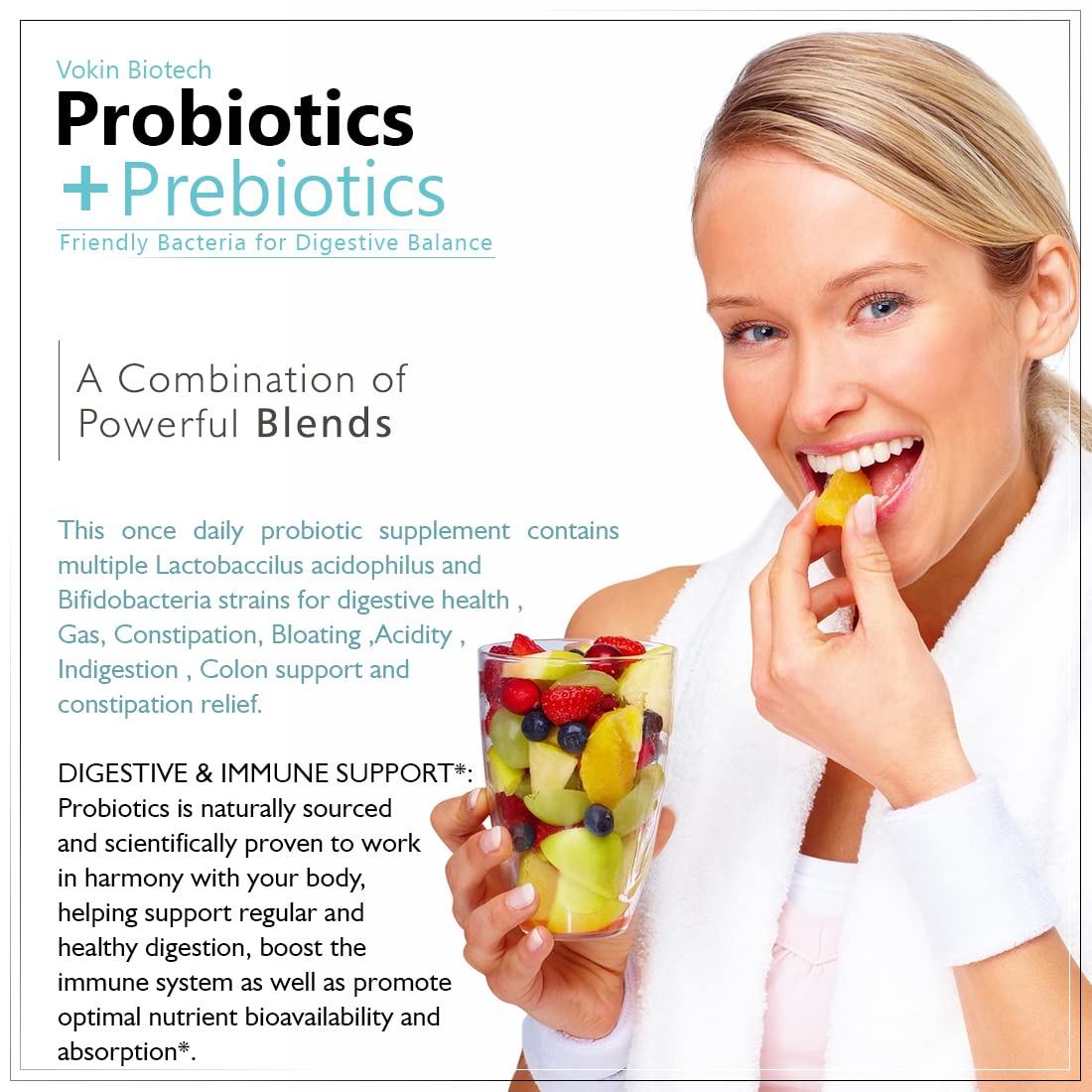 Woman holding a glass of fruit salad with probiotics and prebiotics text overlay
