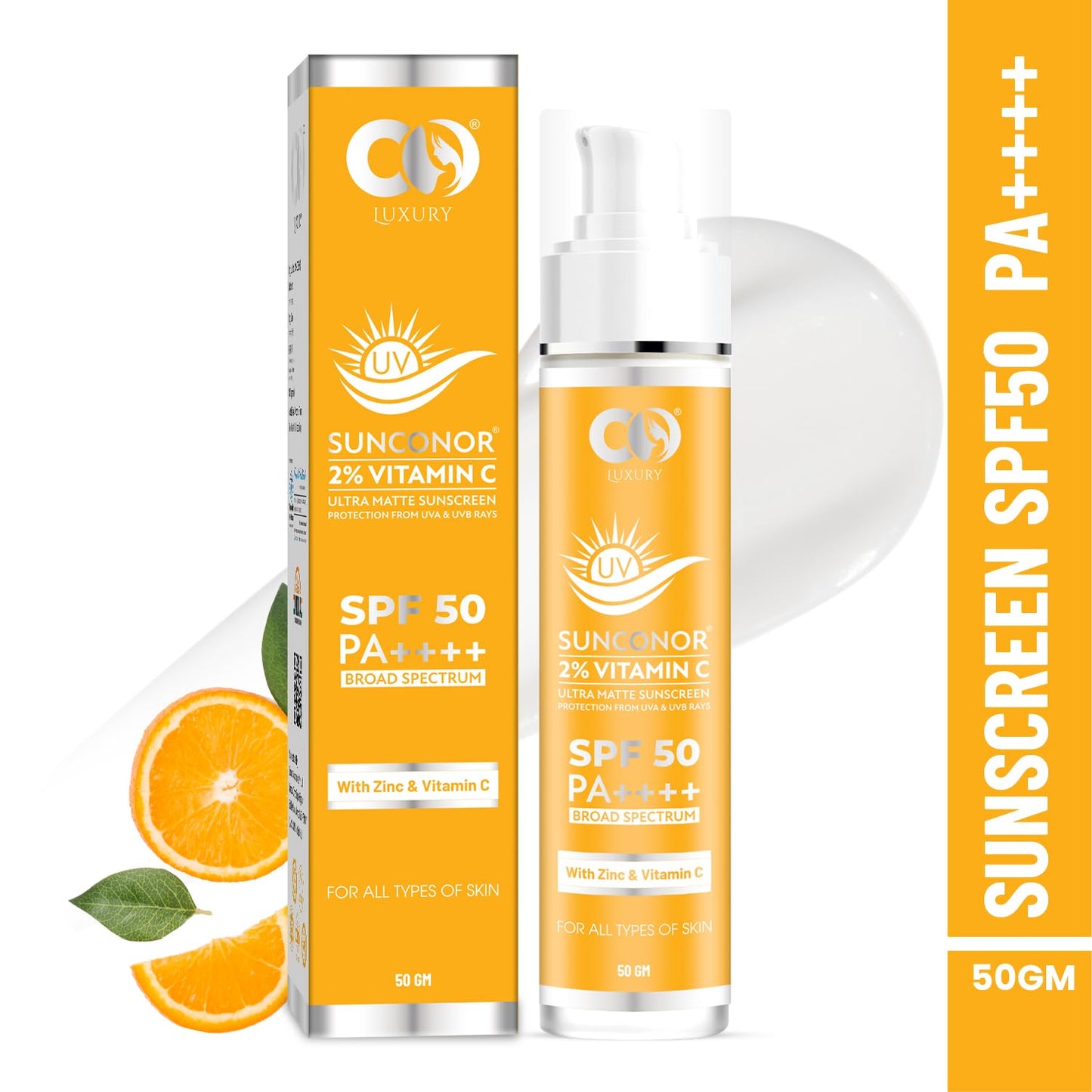 CO LUXURY 2% Vitamin C Sunscreen SPF 50 PA+++ | Water Resistant & Non-Greasy, Broad Spectrum Sunblock with Vitamin C, Zinc Oxide & Glycerine | Matte Finish, UVA/B Sun Protection for Women & Men | 50 gm