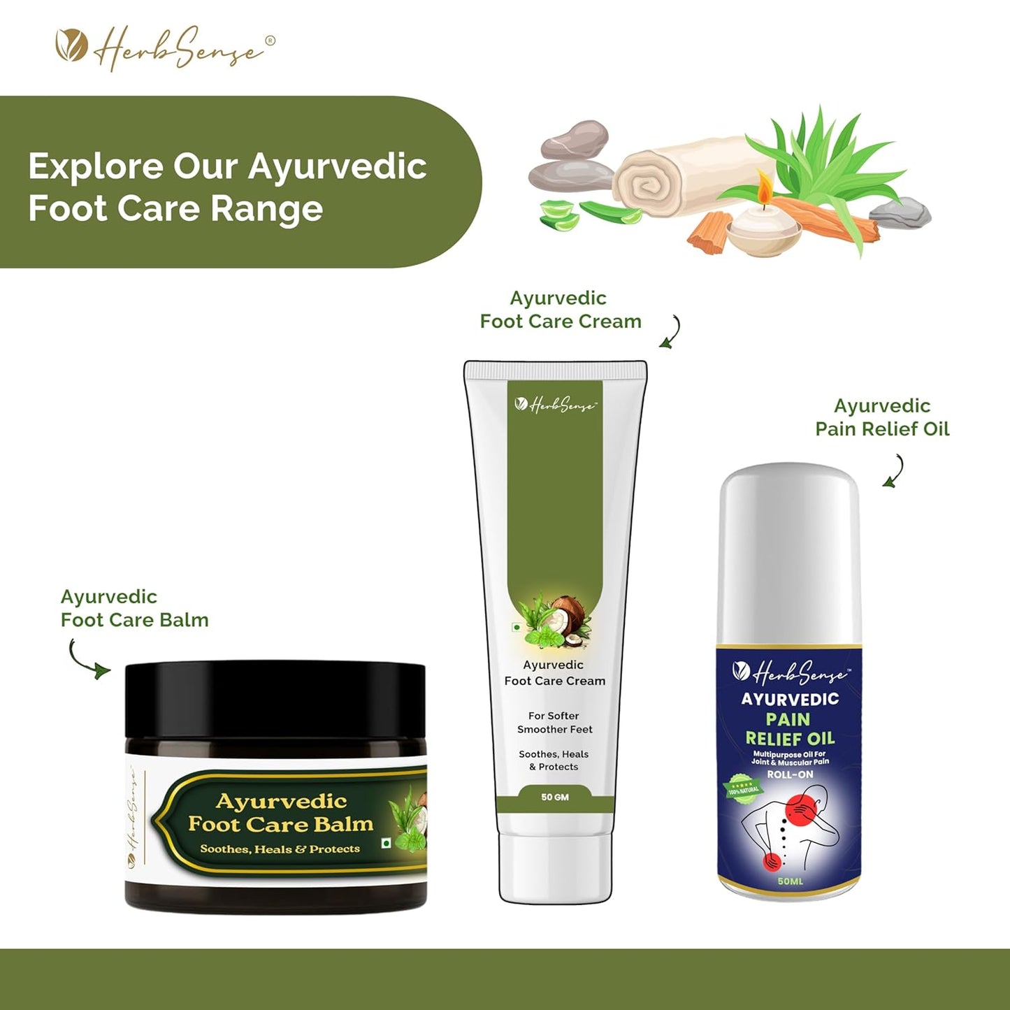 HerbSense Ayurvedic Foot Care Cream, For Dry & Cracked Heels, Enriched Shea Butter, Ginger, Lemon Coconut Oil & Herbs, 50g, Soothes, Heals & Protects