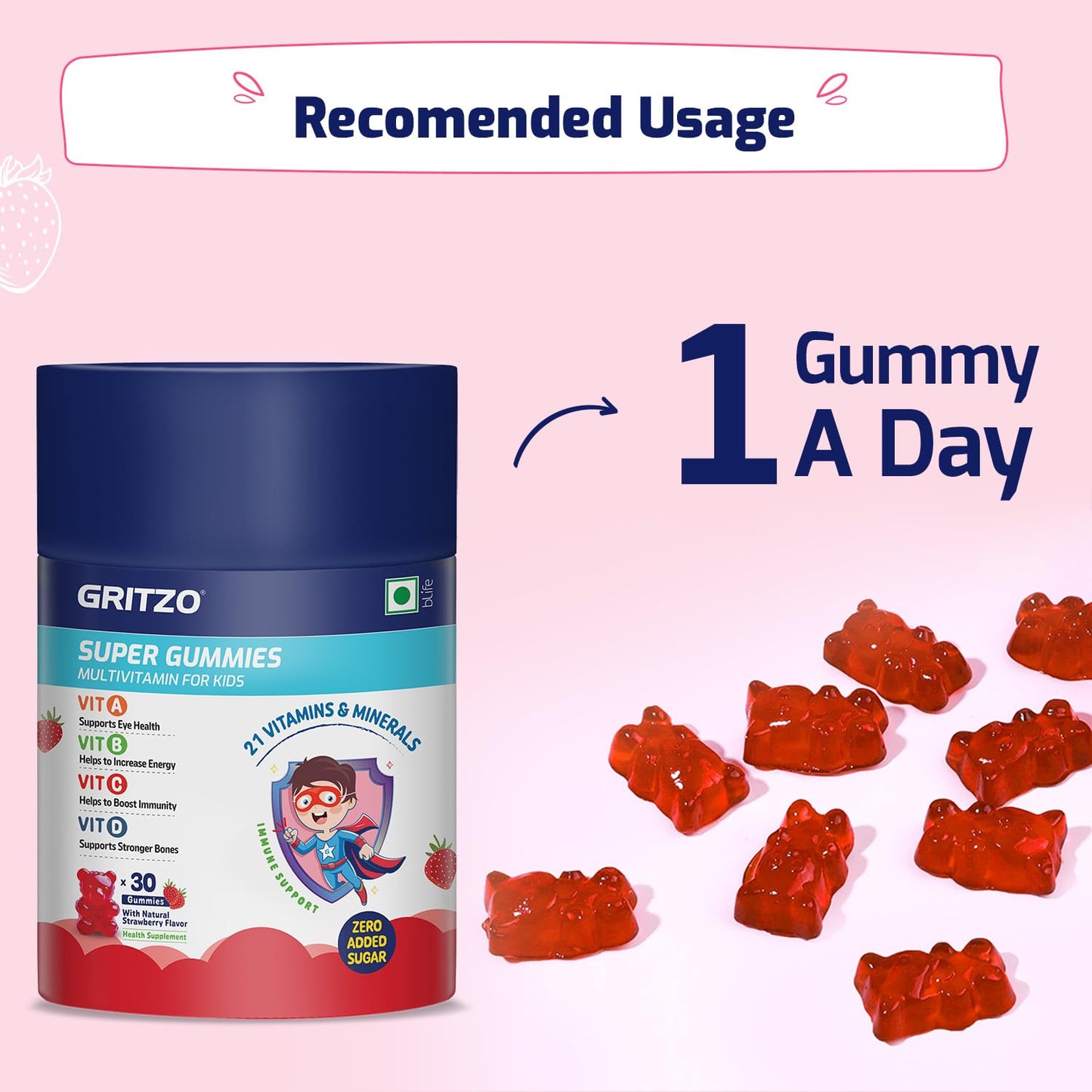 Gritzo Super Gummies, Multivitamin for Kids (Natural Strawberry Flavour, 30 Gummies) | Zero Added Sugar, 21 Vitamins & Minerals