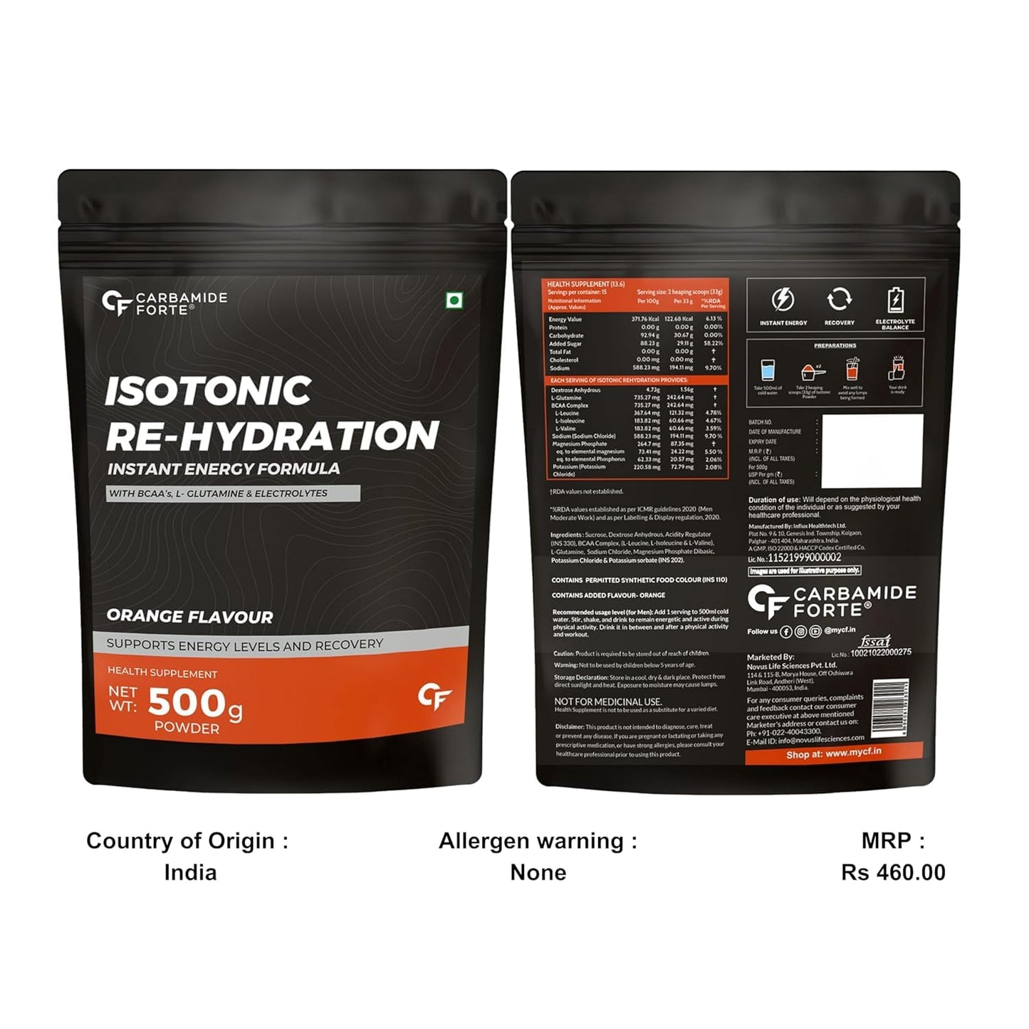 Carbamide Forte Isotonic Powder | Pre Workout Supplement For Men And Women| Instant Energy Drink for PreWorkout | Electrolytes Powder with added BCAA & L Glutamine - Orange Flavour - 500g (Pack of 1)