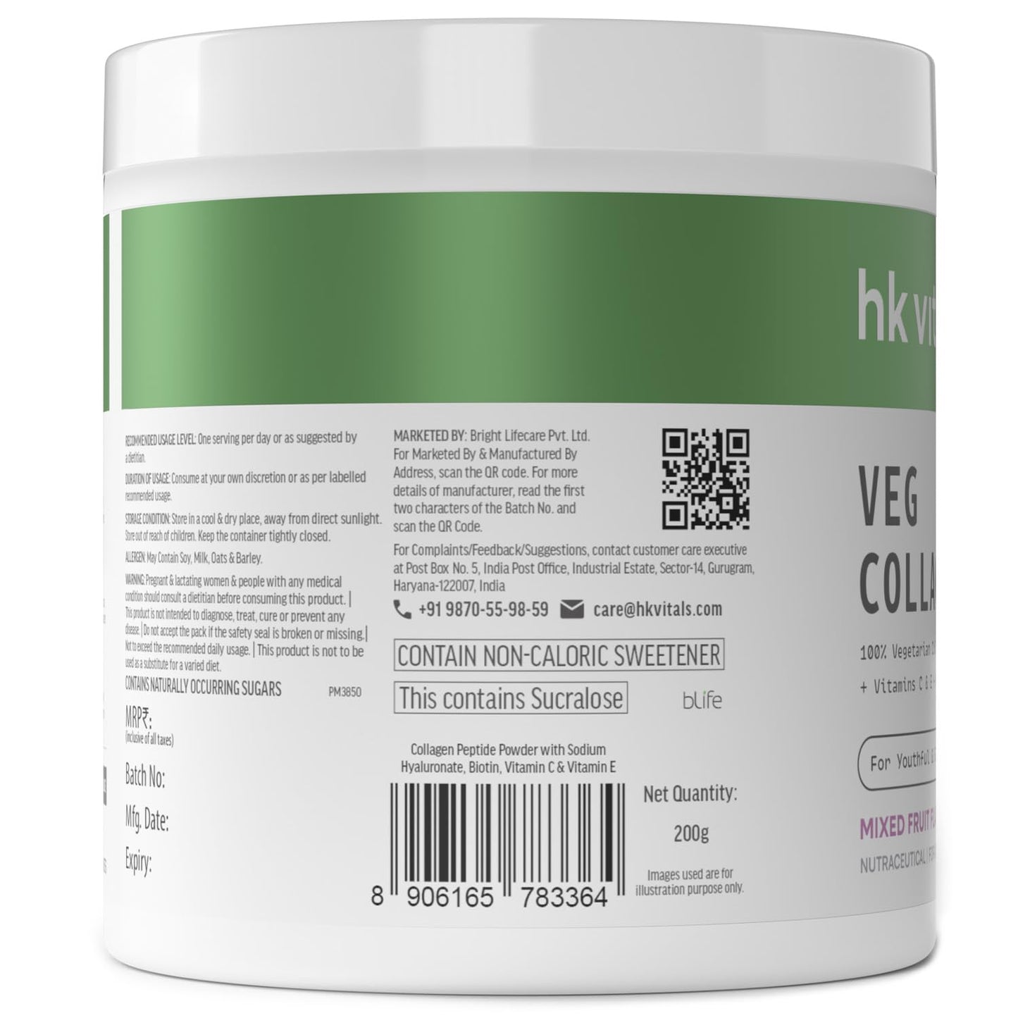 HealthKart hk vitals Veg Collagen Supplement (Mixed Fruit, 200g) | With Biotin, Vitamin C, E, Sodium Hyaluronate | For Healthy Skin, Hair & Nails
