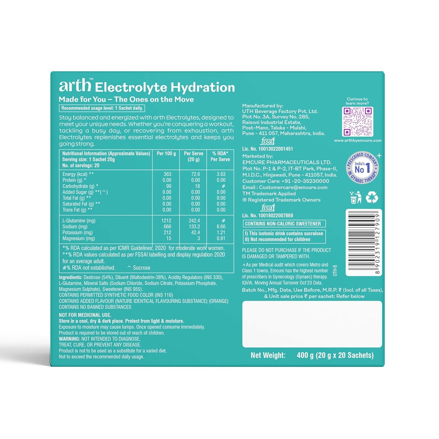 Arth Electrolyte Powder for Quick & Daily Hydration | With L-Glutamine, Potassium & Magnesium | Low Sodium Hydration Drink | Supports Muscle Recovery & Immunity | Orange Flavour | 20 Sachets