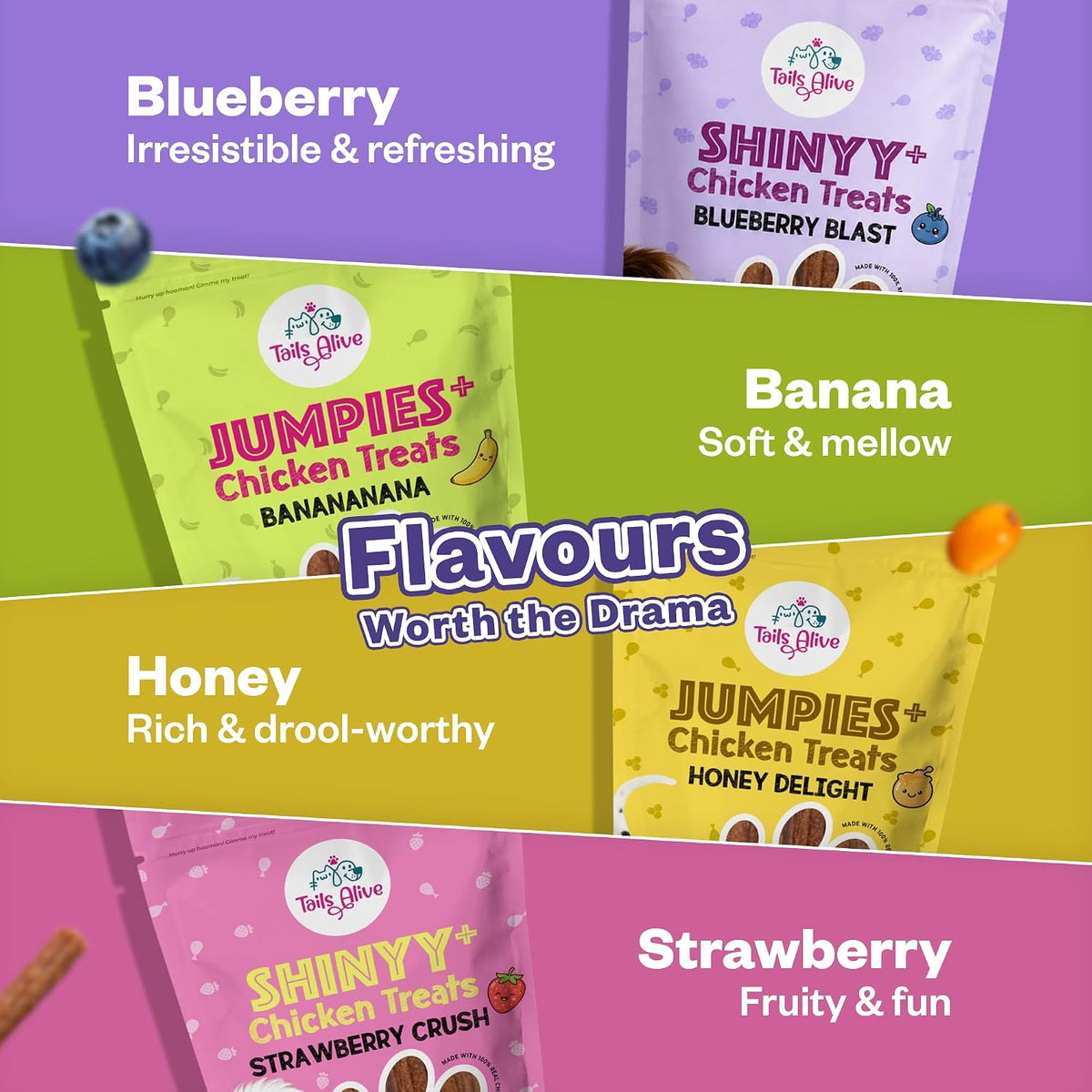 TailsAlive Shinyy+ Treats for Dogs | Skin & Coat Support | No Added Sugar | Fish Oil, Sea Buckthorn & Collagen | Blueberry Blast | 100g