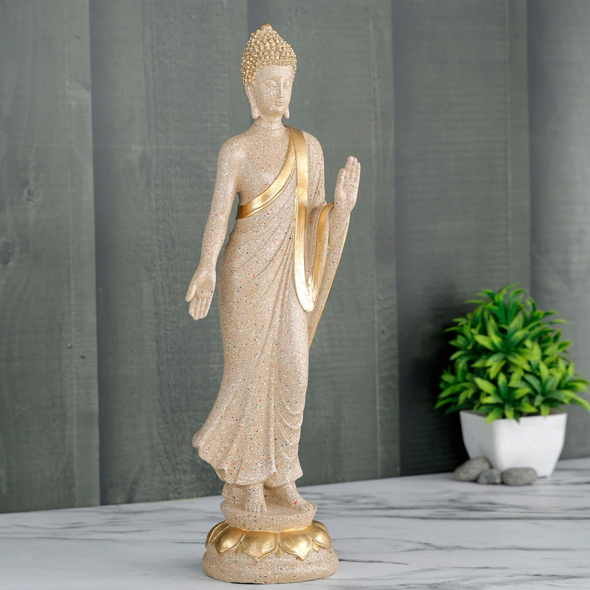 New Standing Buddha Statue showpiece Idol Home Decor Items for Living Room and Gifts (Stone White)