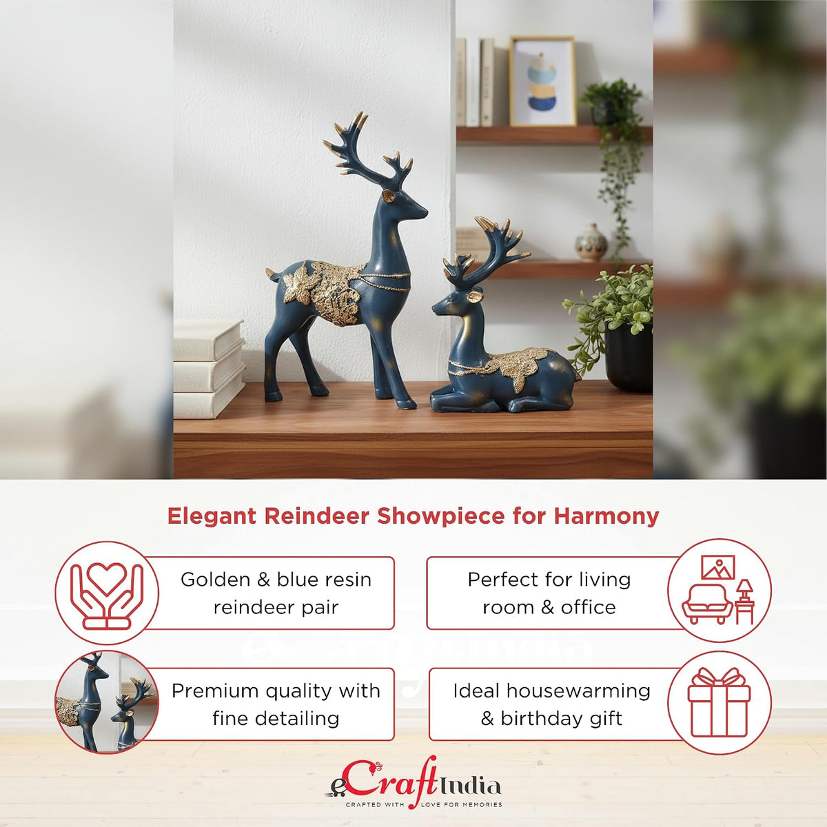 eCraftIndia Resin Reindeer Showpiece for Home Decor Living Room (Pack of 2 Golden Blue) | Vastu Feng Shui Items for Good Luck Gift for Housewarming Birthday