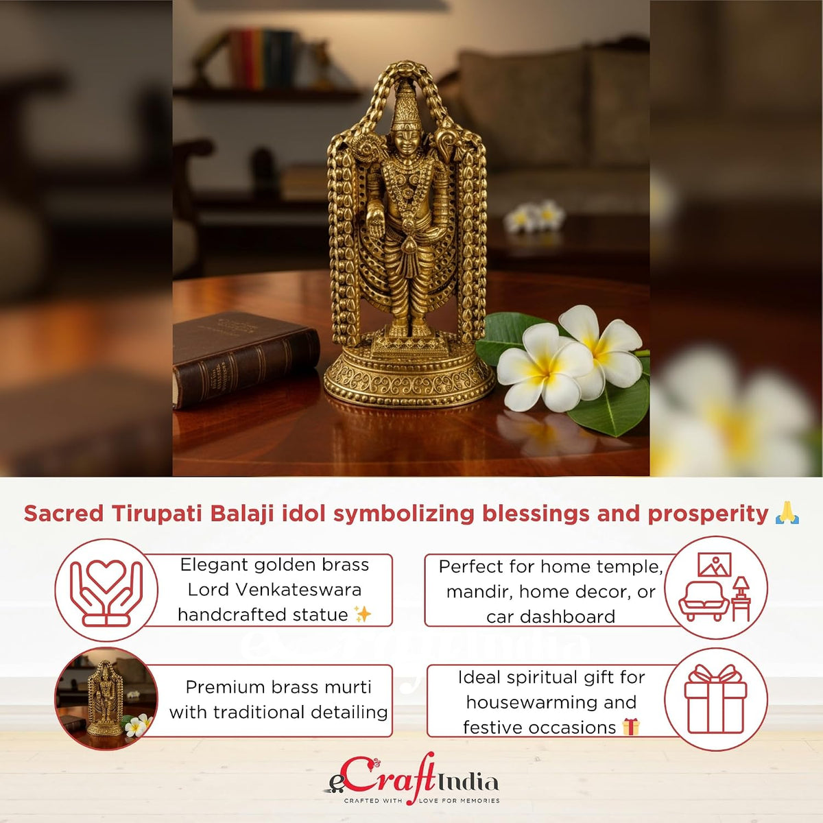 Golden Brass Handcrafted Tirupati Balaji Idol Lord Venkateswara Murti for Mandir Temple Lord Balaji Statue for Home Decor