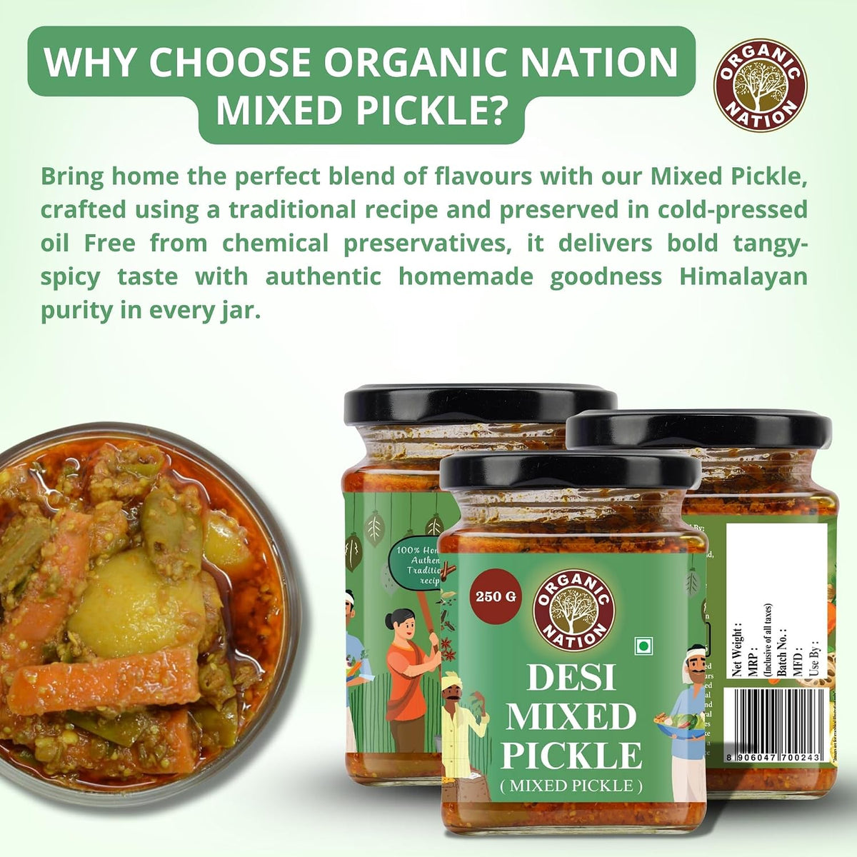 ORGANIC NATION Deliciously Tangy Mixed Pickle | Pickles with Fresh Ingredients | Authentic Mixed Vegetable Pickle | Traditional Indian Achaar| No Preservatives | 250g Jar | Vibrant Green