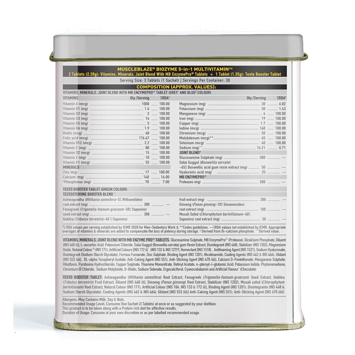 MuscleBlaze Biozyme Daily Multivitamin|5-In-1 Supplement With Vitamins,Minerals,Joint,T-Booster Blend|With Us Patent Published Eafa|For Higher Energy & Improved Performance,1 Count,90 Capsules