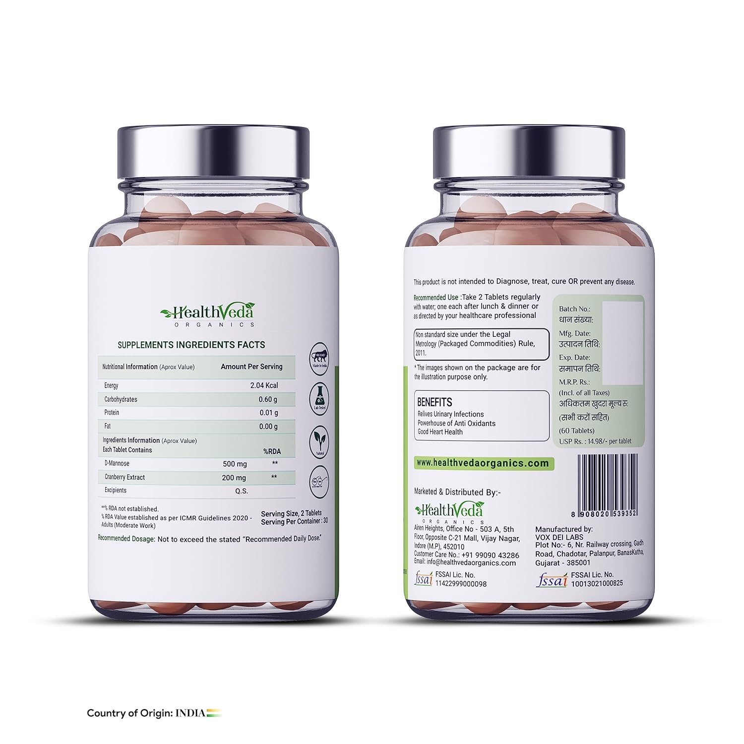 Zephivo HEALTH VEDA ORGANICS PRIVATE LIMITED D-Mannose 500 mg + Cranberry Extract 200 mg | 60 Veg Tablets I Supports Kidney Health & Urinary Tract Infection