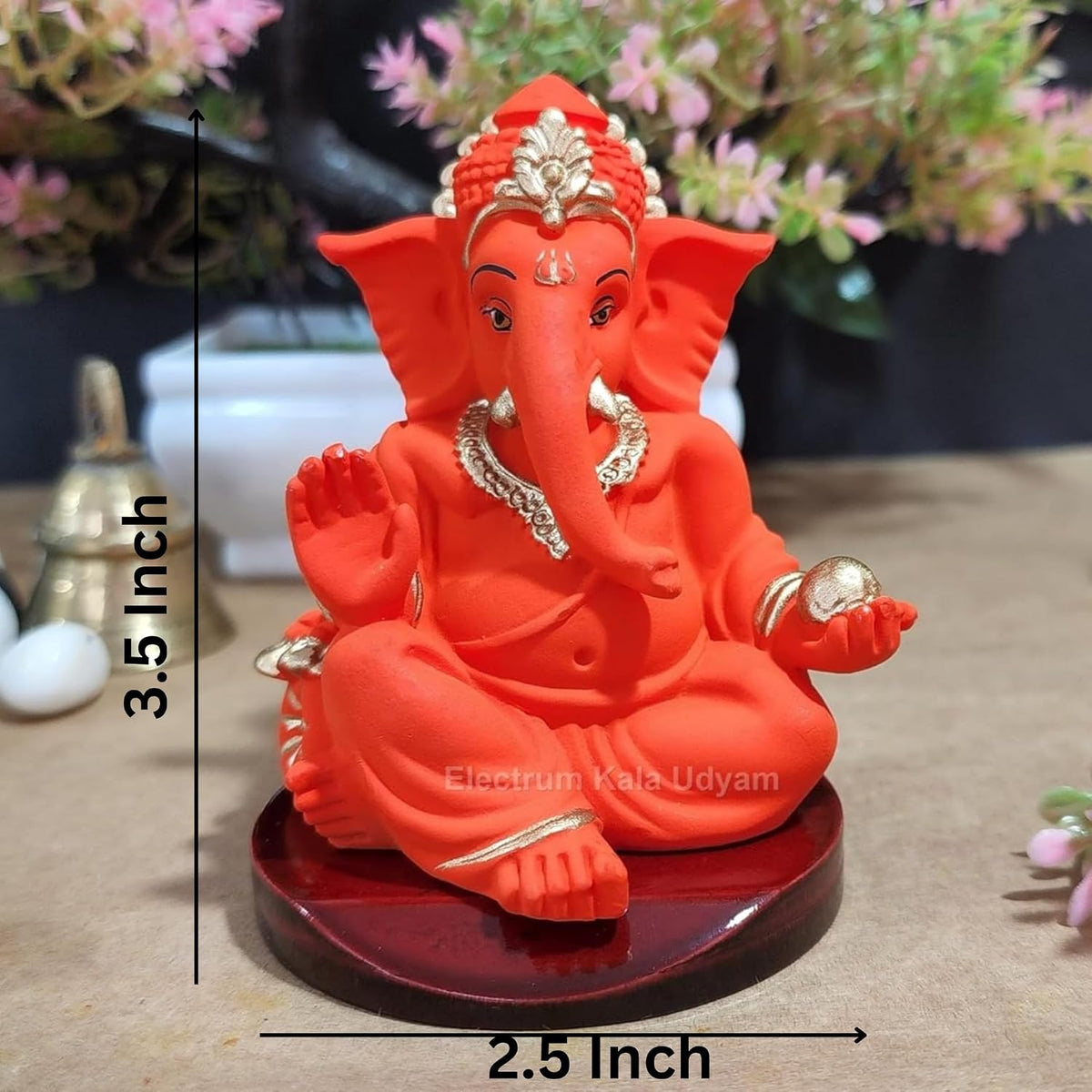 Handcrafted Poly Resin Ganesha Statue with Base - Perfect for Car Dashboard, Office Desk, Shelves, and Home Decor - Ideal Housewarming Gift! (GaddiOrangewithbase)