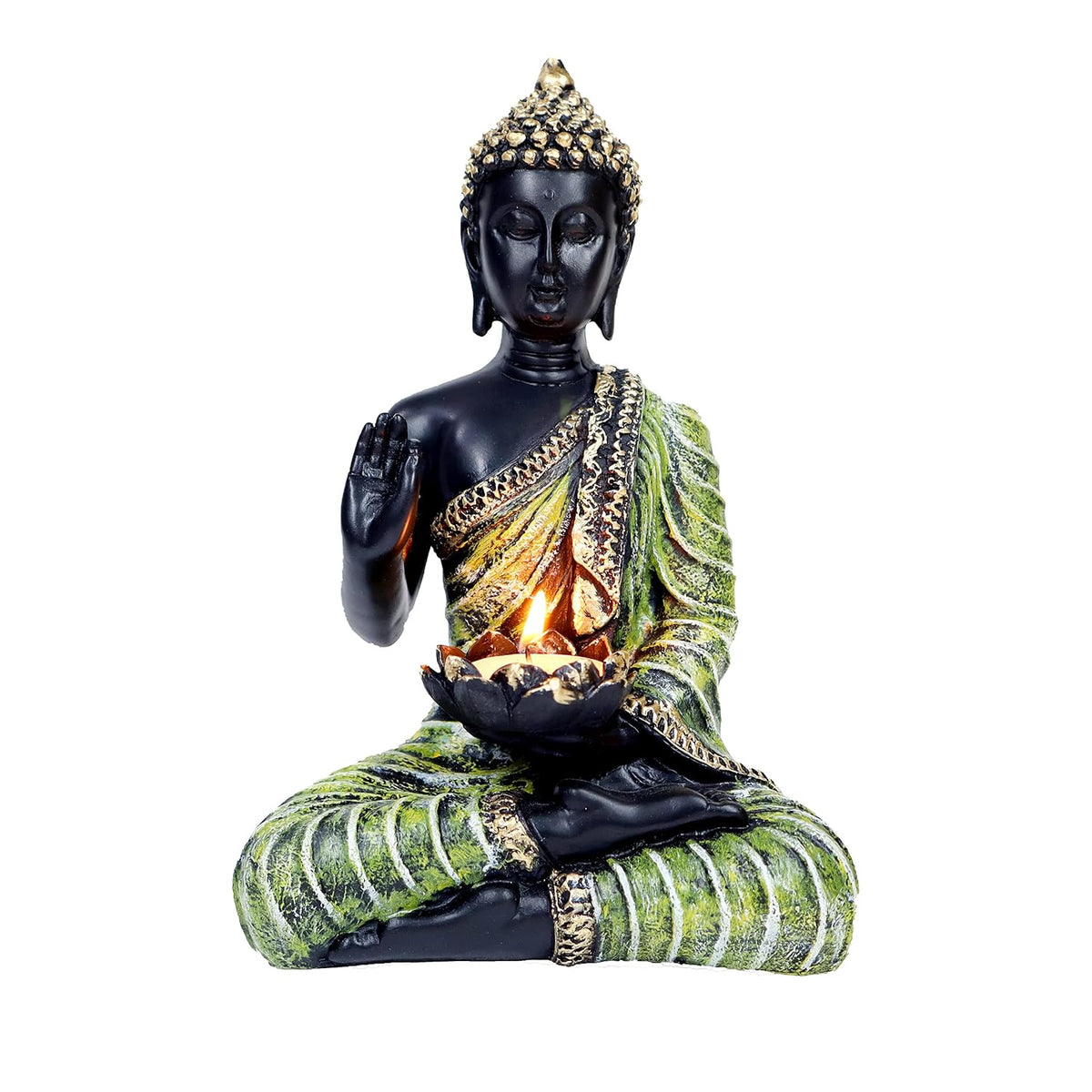 Sitting Buddha Idol Statue for Home Decorations Items Showpiece, Best Indian Gifts for Foreigners, Corporate Gift Items (Green Tea Light Buddha)