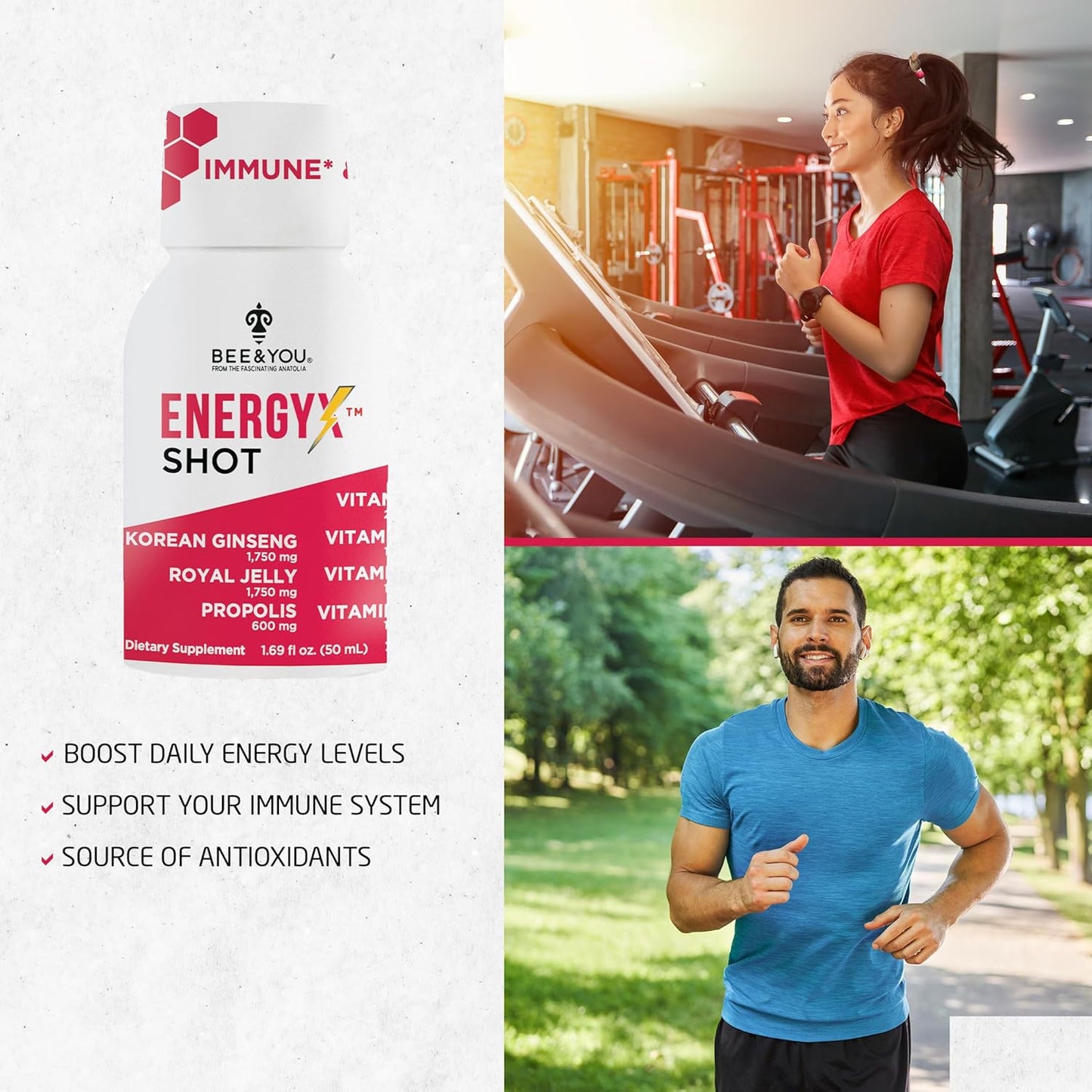 Bee and You Energy X Shot, Korean Red Ginseng, Royal Jelly, Propolis, Caffeine Free Energy Drink, Vitamin C, B3, B6, B12, Immune Support Supplement, Antioxidants, Pomegranate Flavor