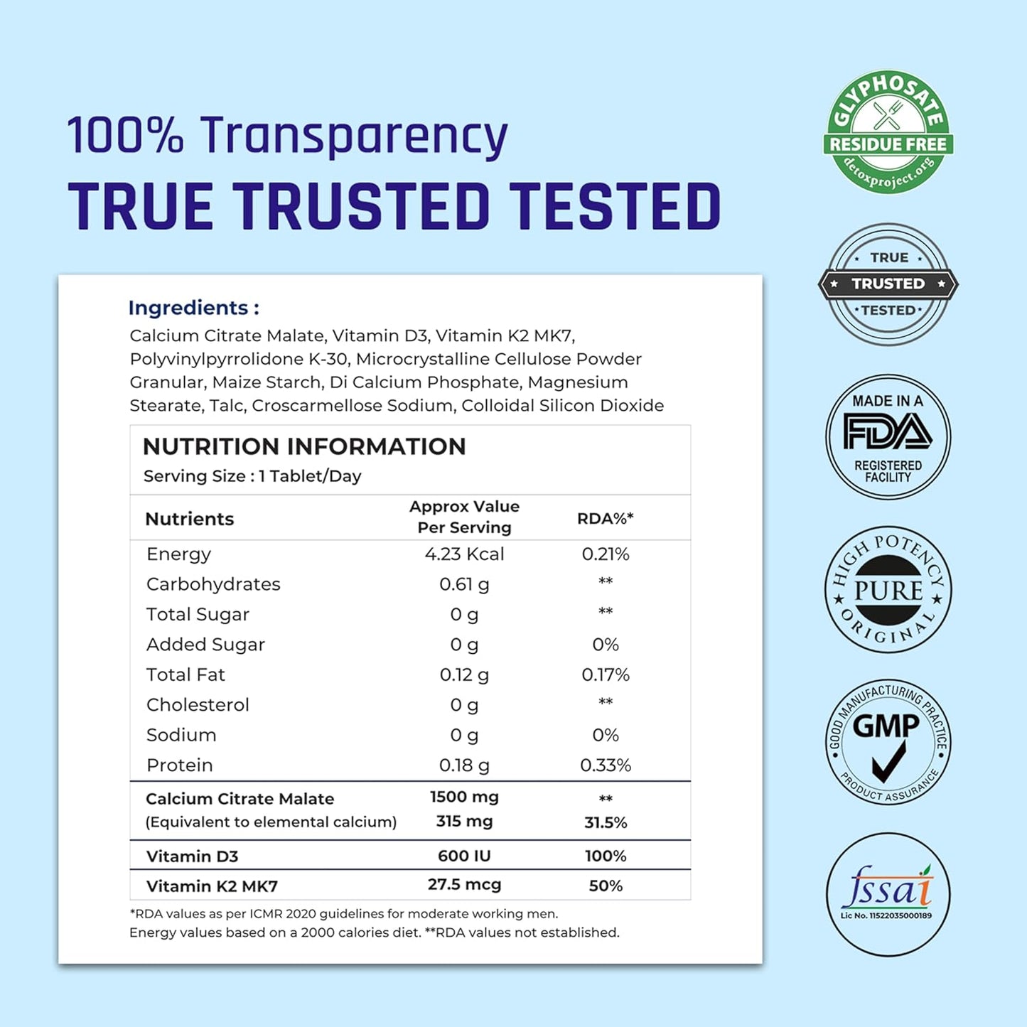 Nutritional label with ingredients and certification logos on a light blue background